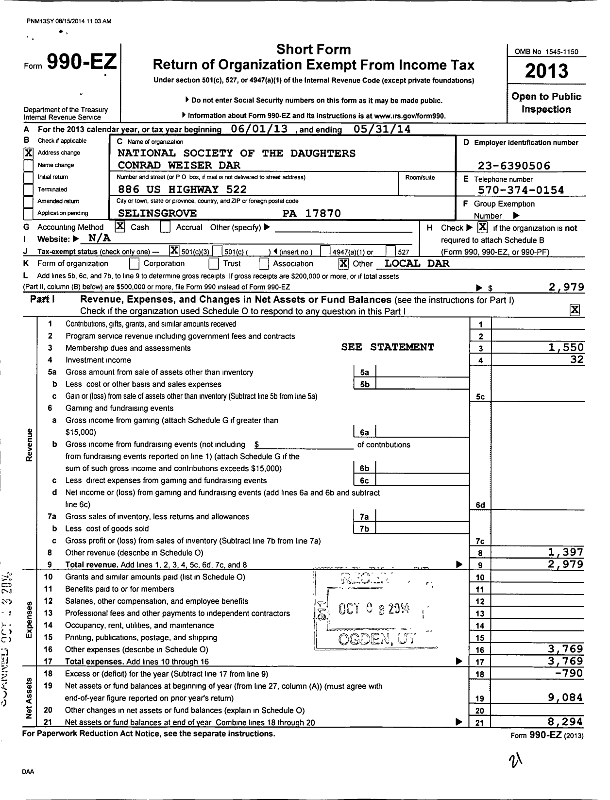 Image of first page of 2013 Form 990EZ for Daughters of the American Revolution - Conrad Weiser Dar