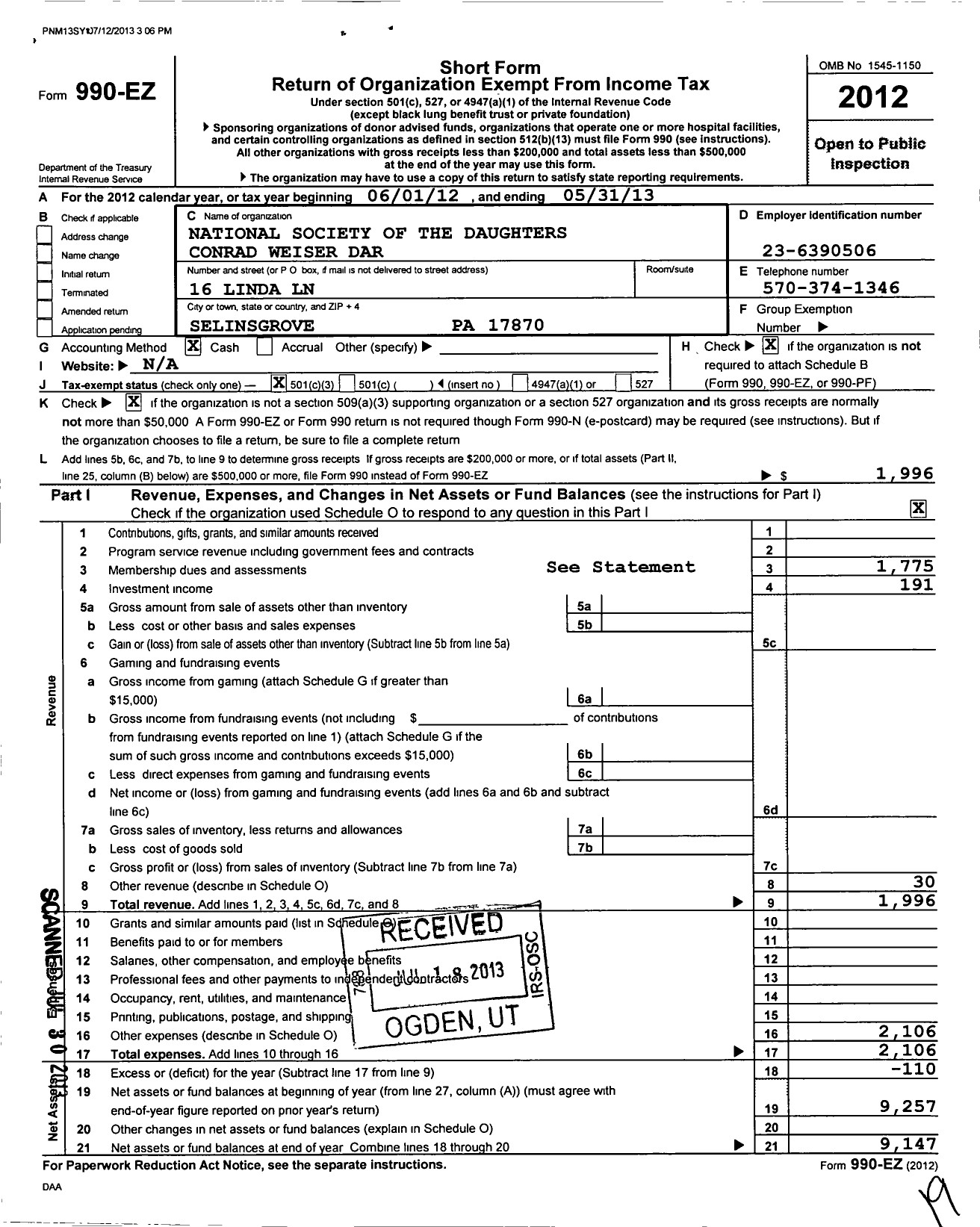 Image of first page of 2012 Form 990EZ for Daughters of the American Revolution - Conrad Weiser Dar