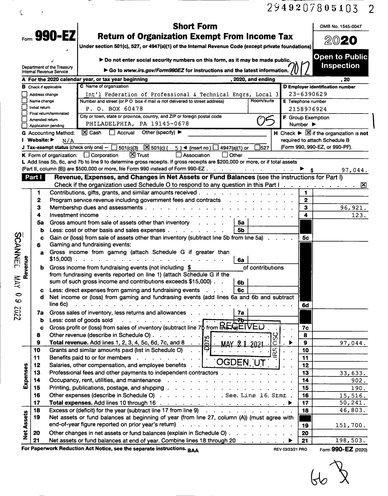 Image of first page of 2020 Form 990EO for International Federation of Professional and Technical Engineers - 3 Local