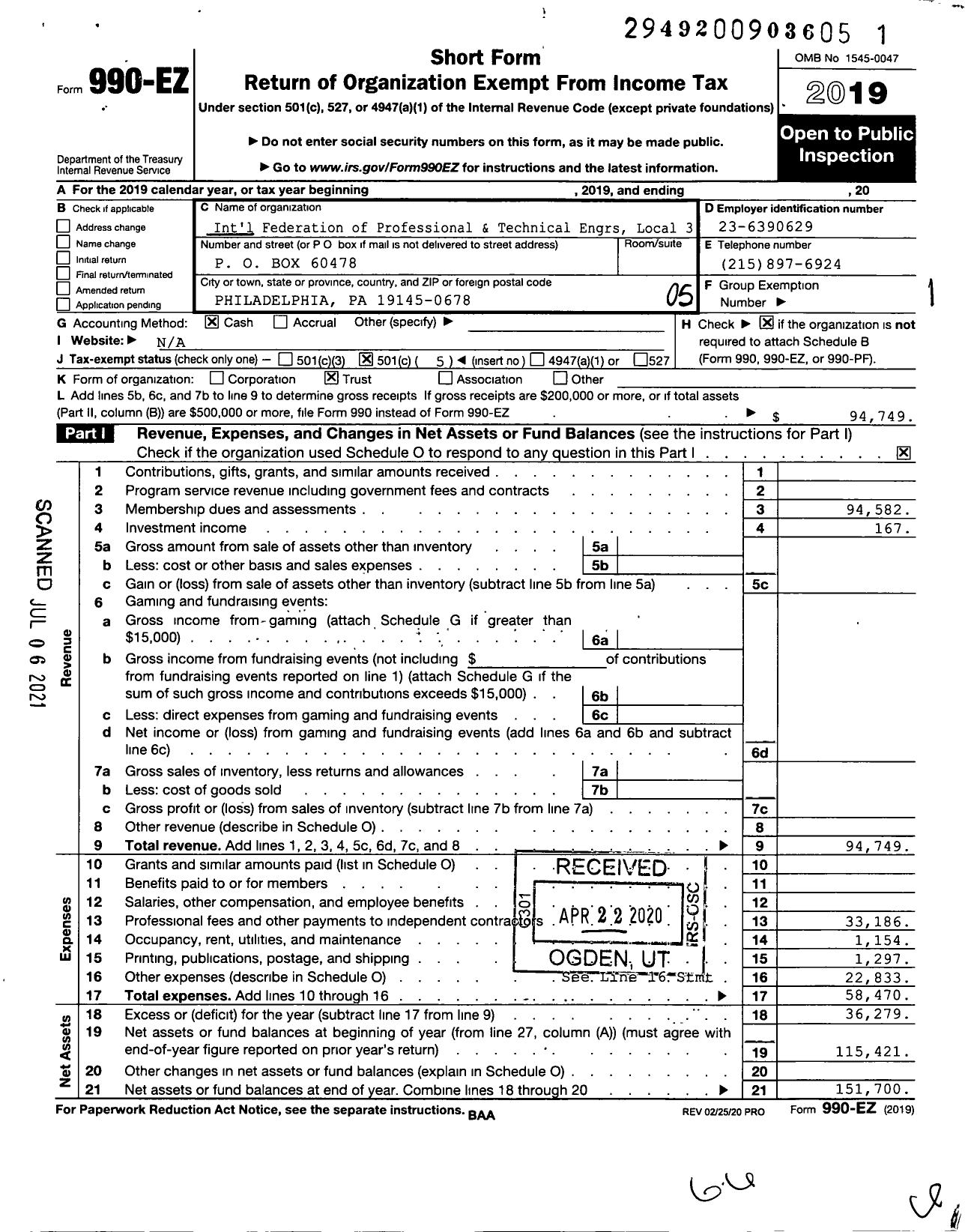 Image of first page of 2019 Form 990EO for International Federation of Professional and Technical Engineers - 3 Local