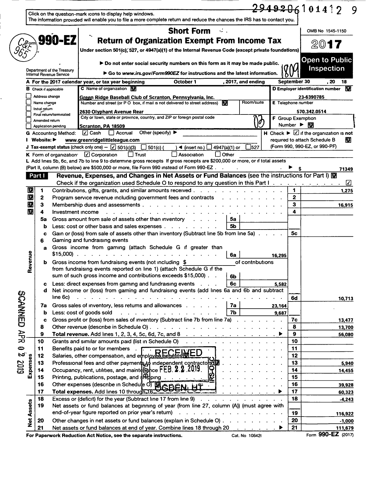 Image of first page of 2017 Form 990EZ for Greed Ridge Baseball Club of Scranton Pennsylvania