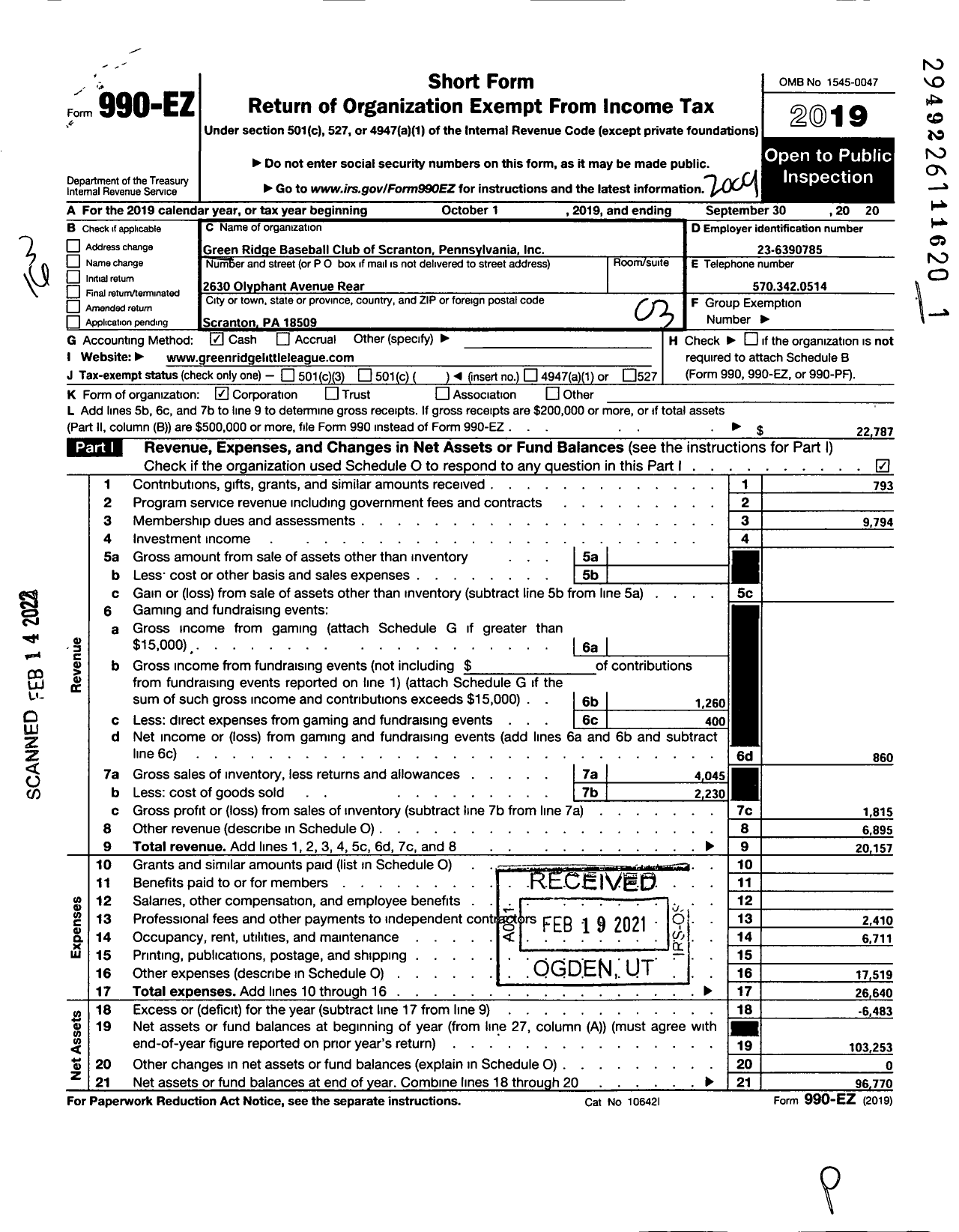 Image of first page of 2019 Form 990EZ for Greed Ridge Baseball Club of Scranton Pennsylvania