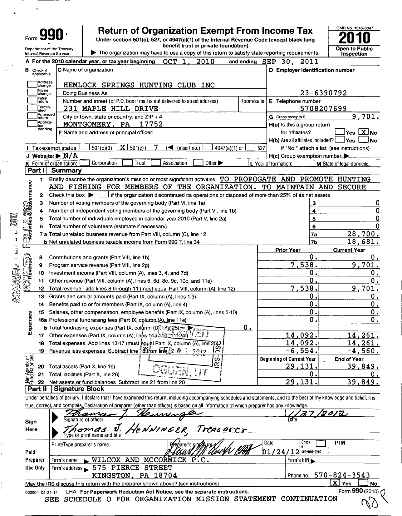 Image of first page of 2010 Form 990O for Hemlock Springs Hunting Club