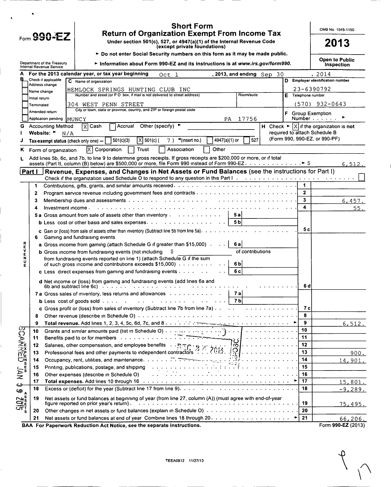 Image of first page of 2013 Form 990EO for Hemlock Springs Hunting Club