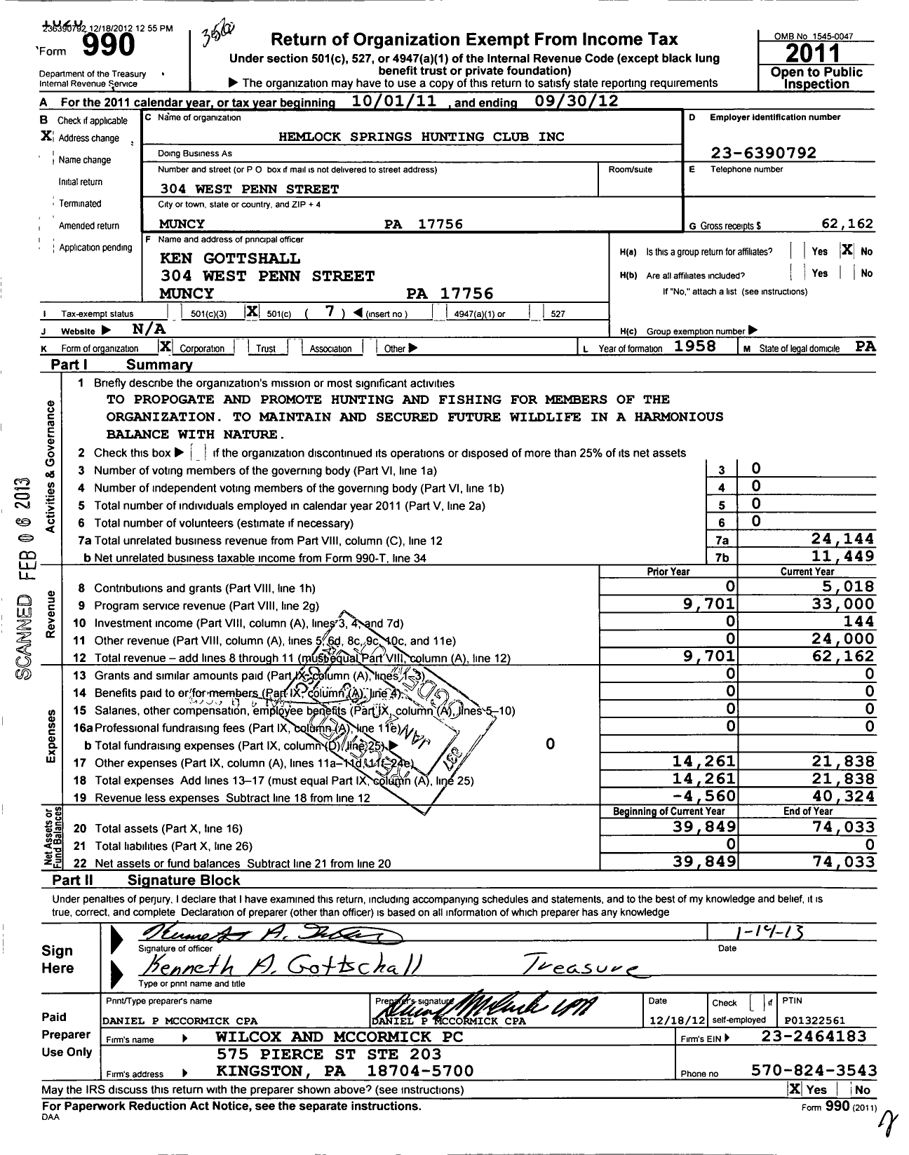 Image of first page of 2011 Form 990O for Hemlock Springs Hunting Club