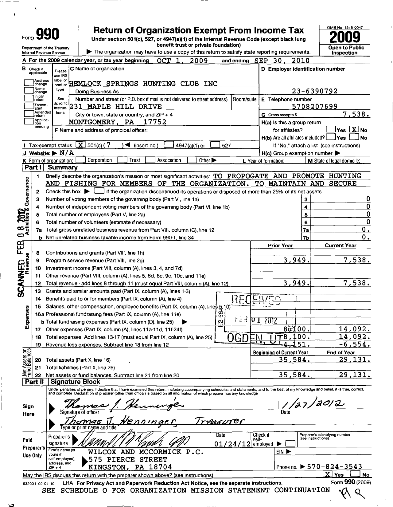 Image of first page of 2009 Form 990O for Hemlock Springs Hunting Club