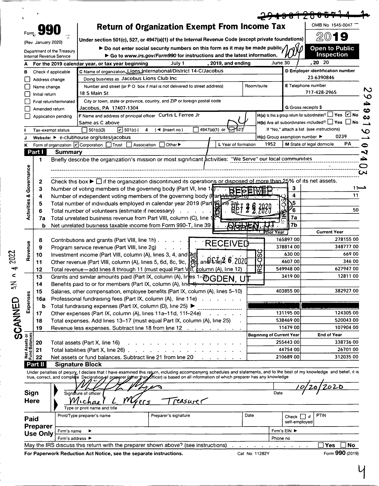 Image of first page of 2019 Form 990O for Lions Clubs - Jacobus Lions Club