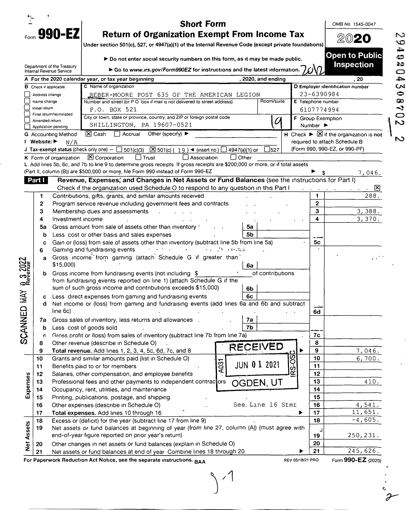 Image of first page of 2020 Form 990EO for American Legion - 635 Reeber-Moore Post