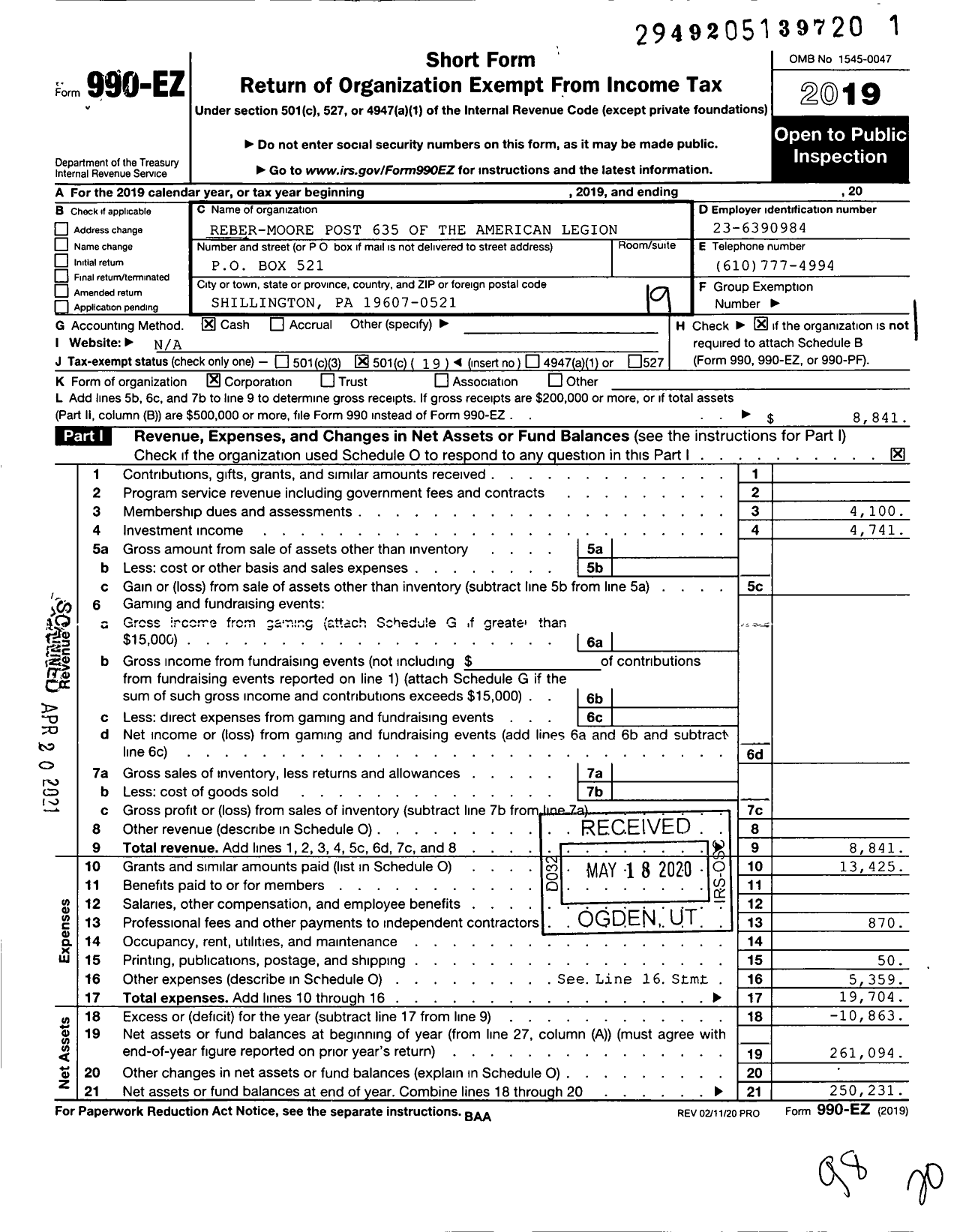 Image of first page of 2019 Form 990EO for American Legion - 635 Reeber-Moore Post