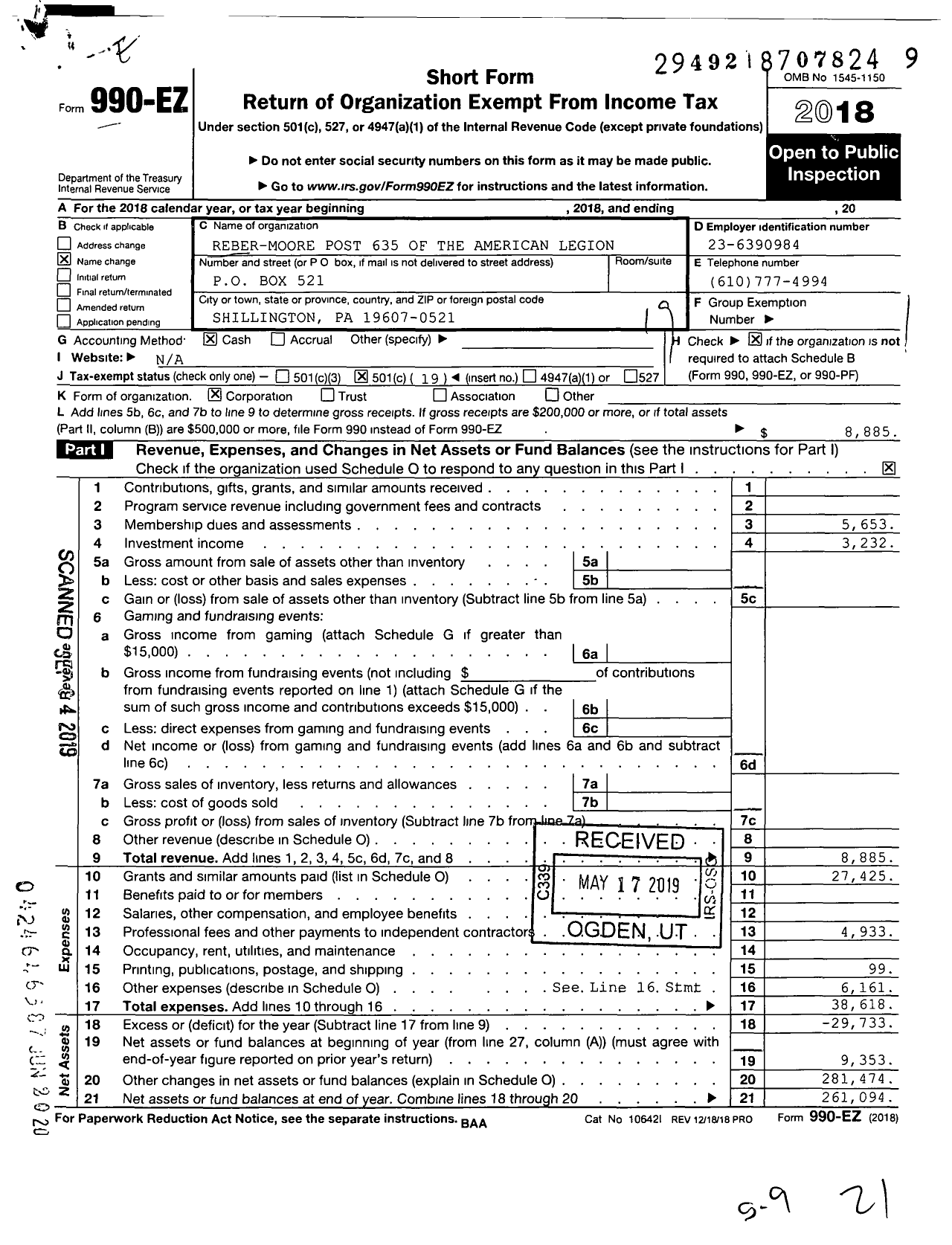 Image of first page of 2018 Form 990EO for American Legion - 635 Reeber-Moore Post