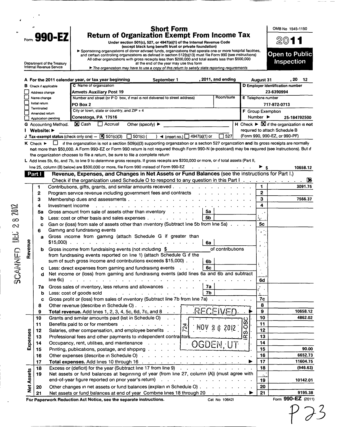 Image of first page of 2011 Form 990EZ for Amvets - 19 Pa Ladies Auxiliary