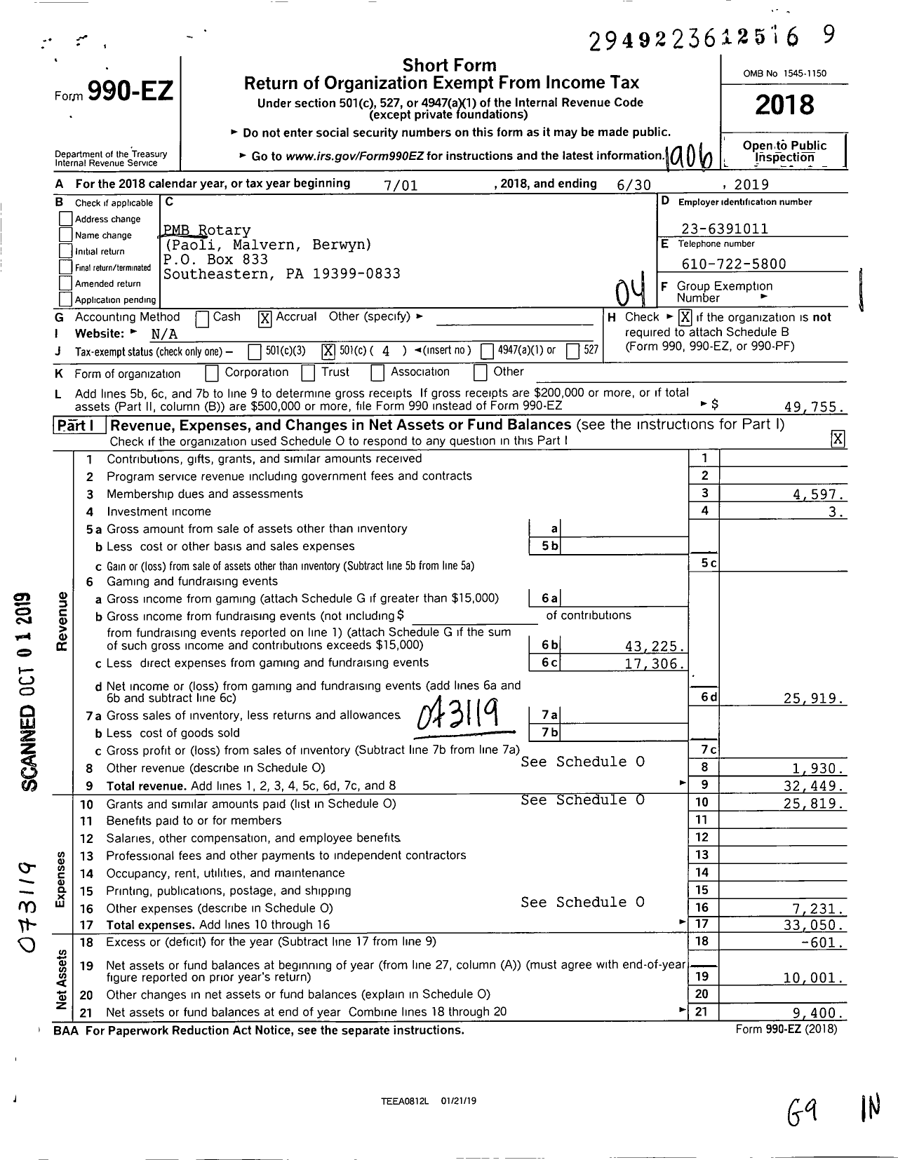 Image of first page of 2018 Form 990EO for Rotary International - Paoli-Malvern Berwyn Rotary Club