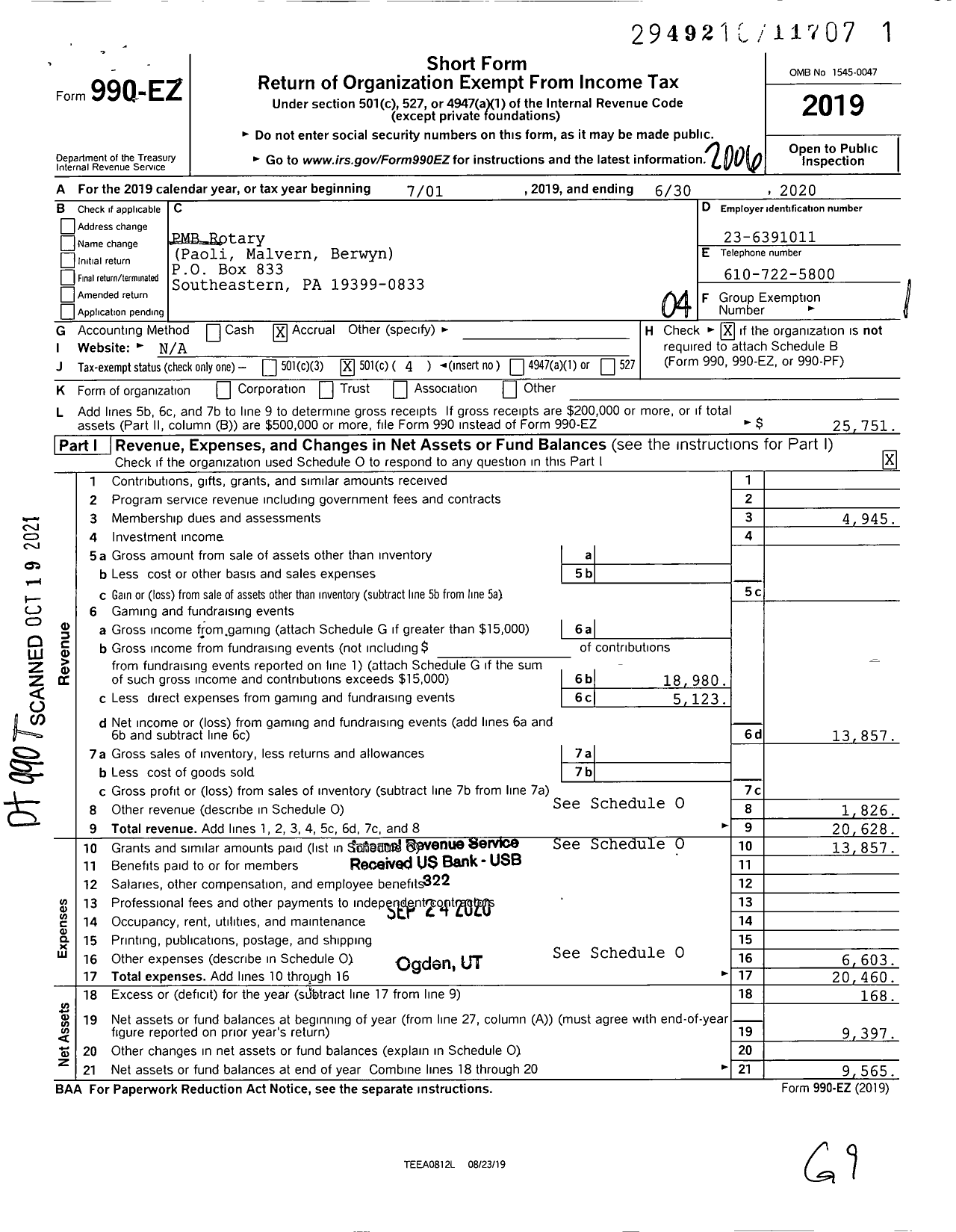 Image of first page of 2019 Form 990EO for Rotary International - Paoli-Malvern Berwyn Rotary Club