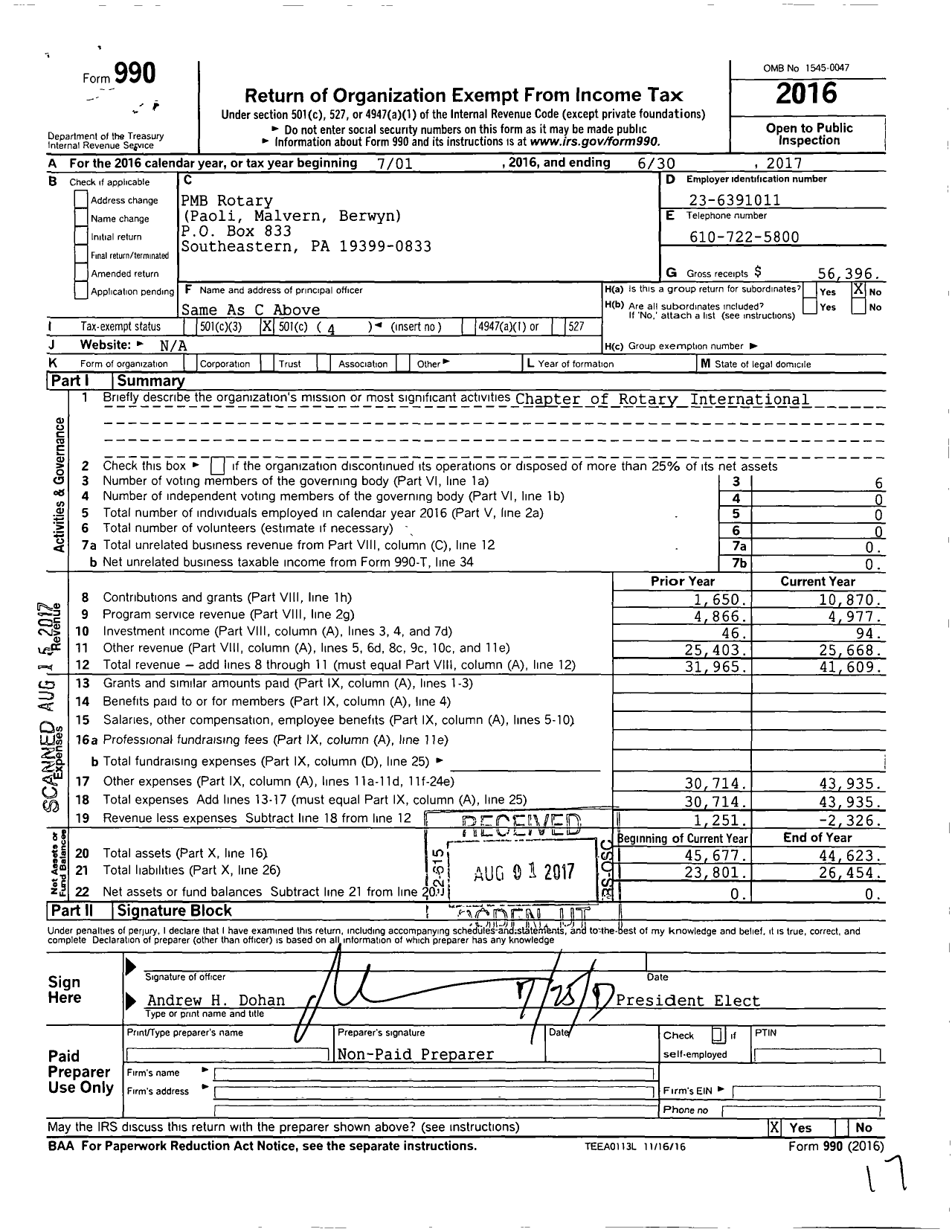 Image of first page of 2016 Form 990O for Rotary International - Paoli-Malvern Berwyn Rotary Club