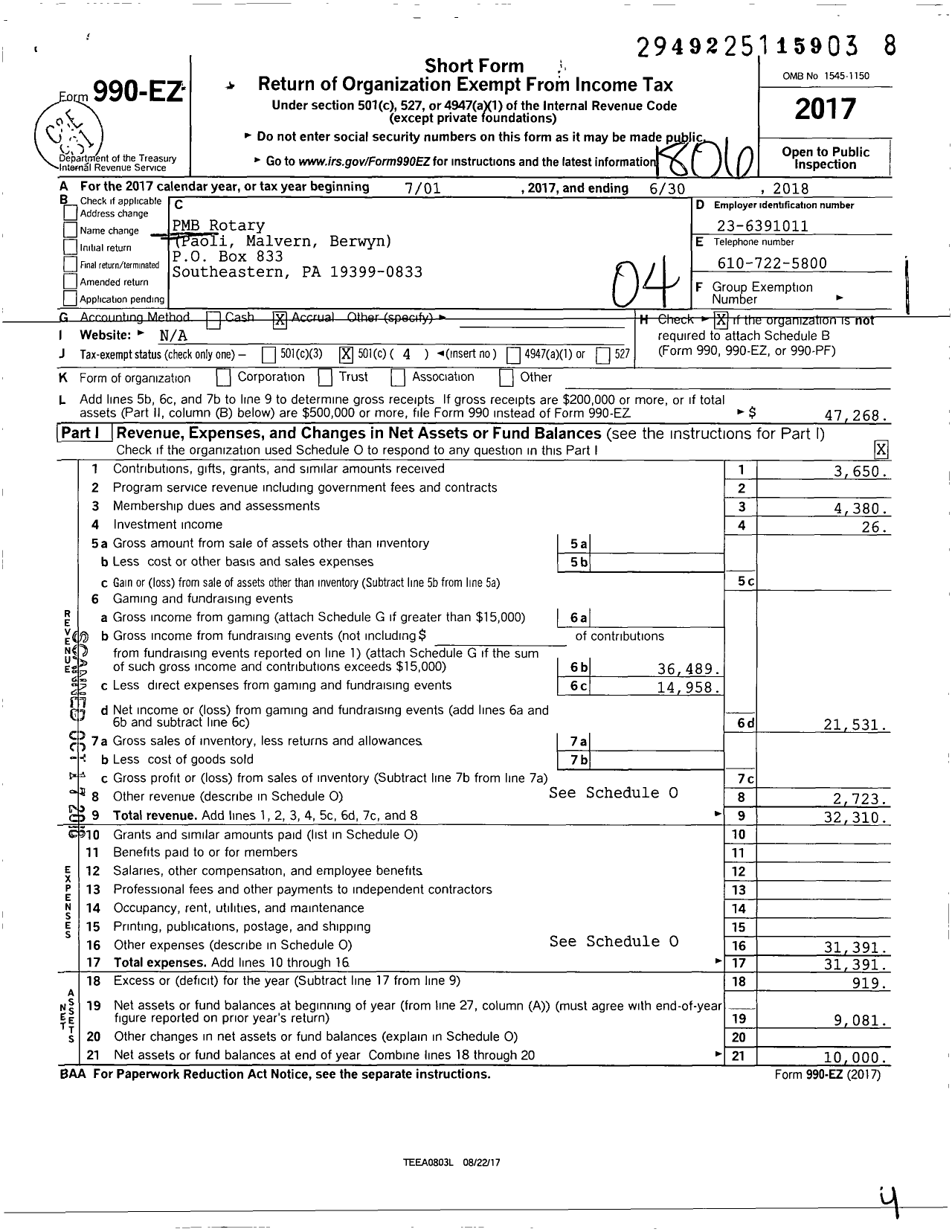 Image of first page of 2017 Form 990EO for Rotary International - Paoli-Malvern Berwyn Rotary Club