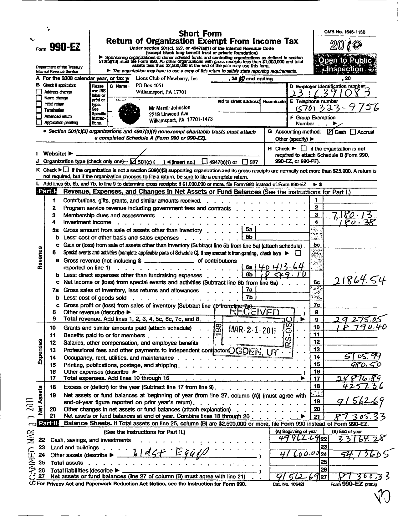 Image of first page of 2010 Form 990EO for Lions Clubs - 6044 Williamsport Newberry