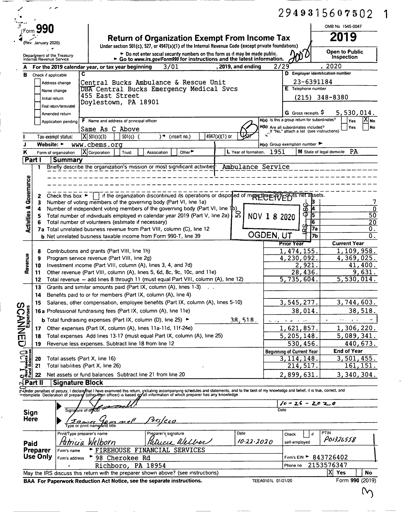 Image of first page of 2019 Form 990 for Central Bucks Emergency Medical Services