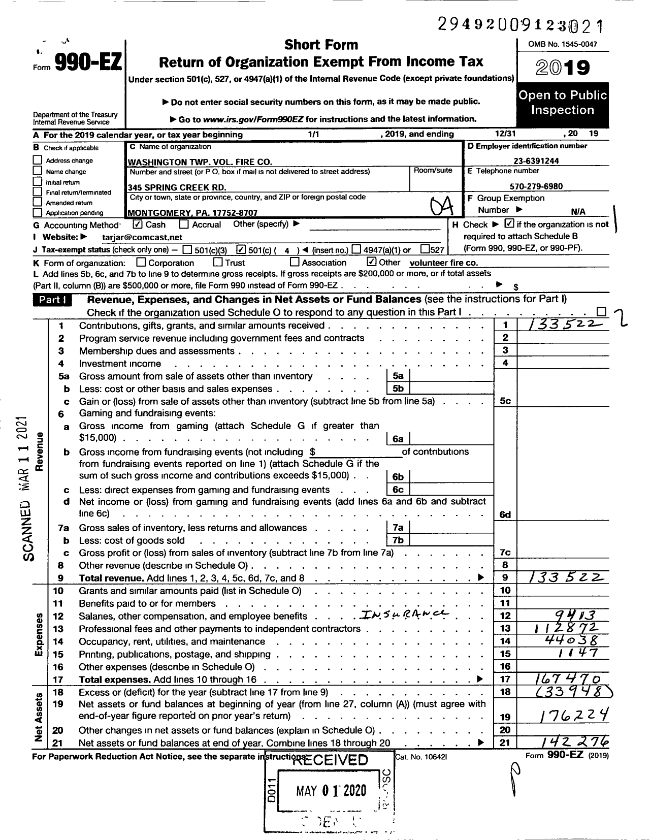 Image of first page of 2019 Form 990EO for Washington Township Volunteer Fire