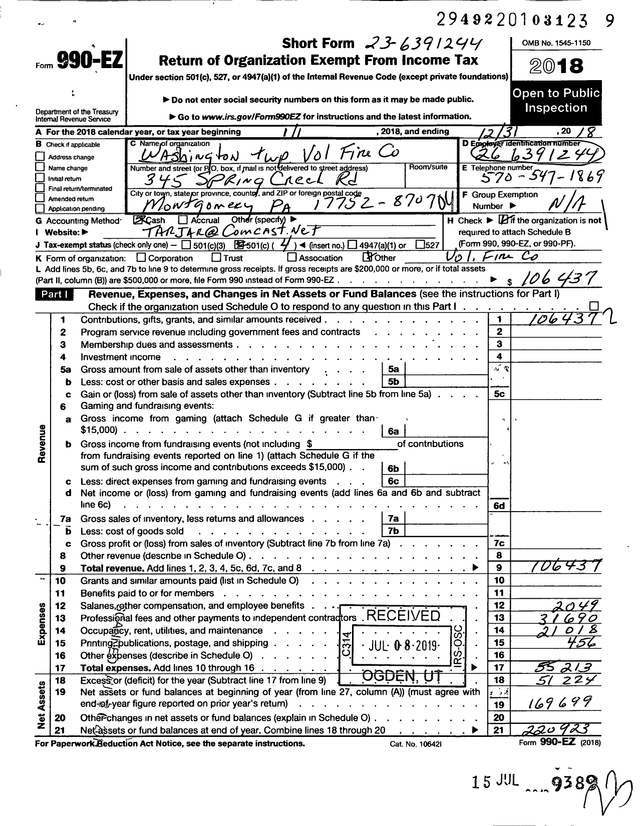 Image of first page of 2018 Form 990EO for Washington Township Volunteer Fire