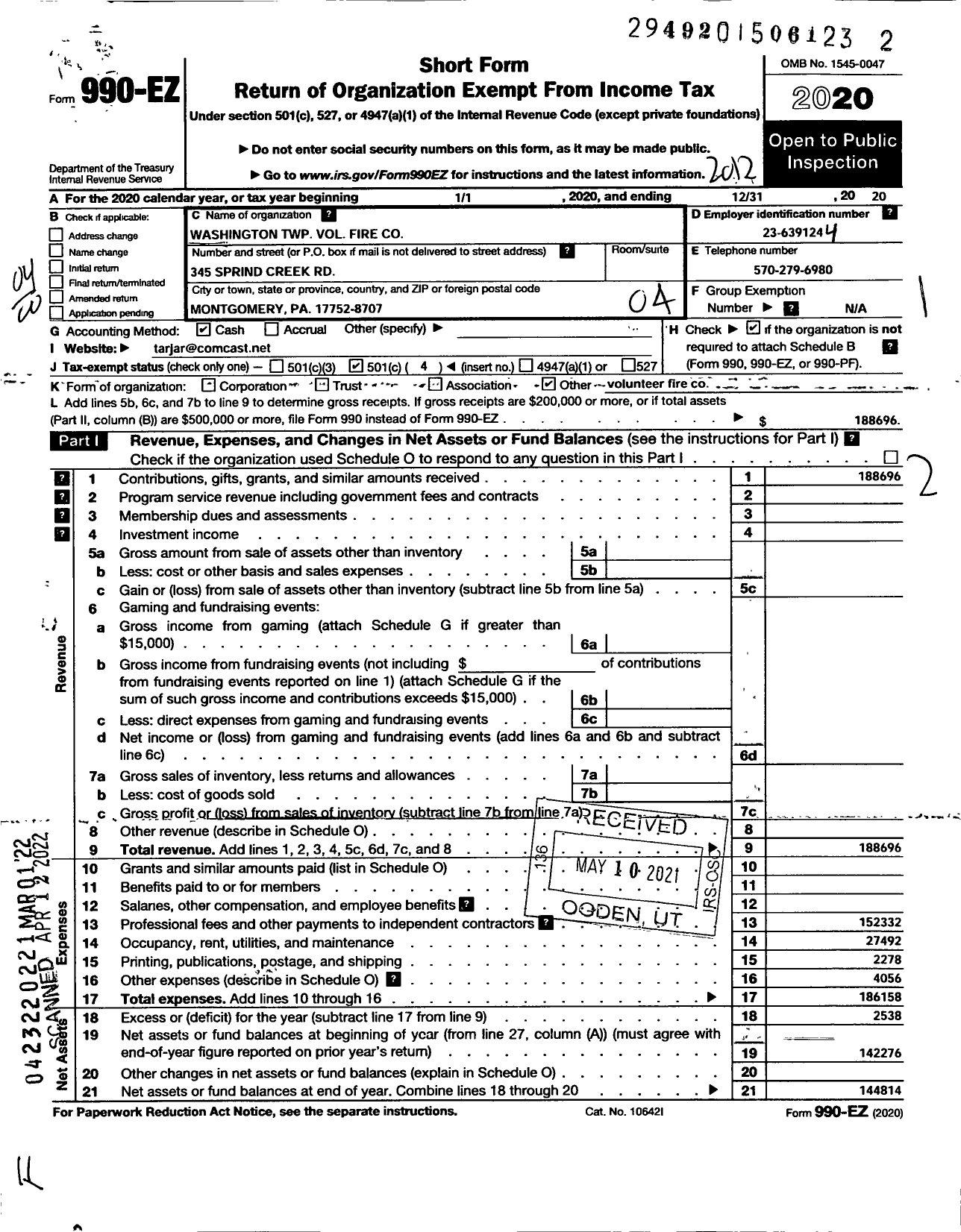 Image of first page of 2020 Form 990EO for Washington Township Volunteer Fire