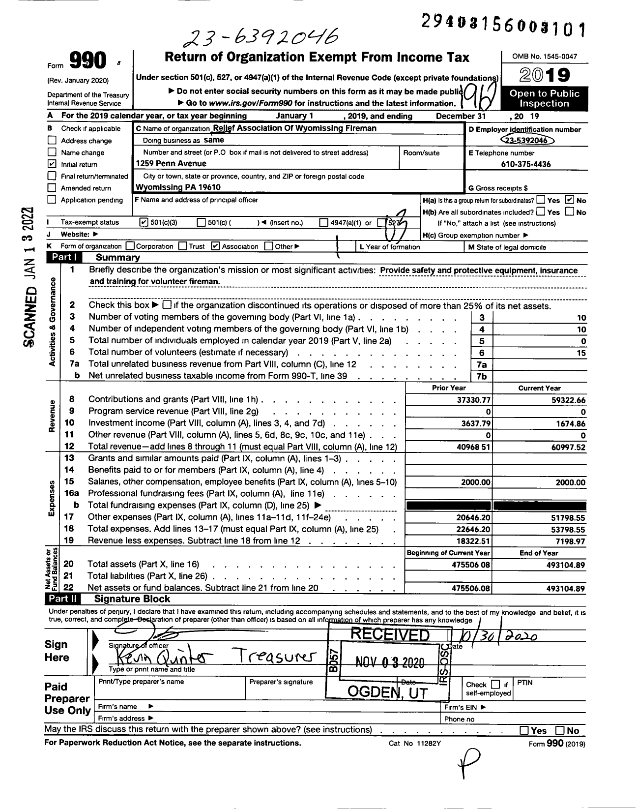 Image of first page of 2019 Form 990 for Relief Assocation of Wyomissing Volunteer Firemen