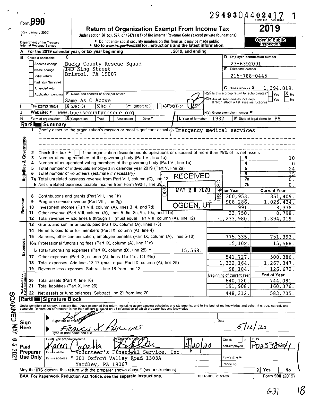 Image of first page of 2019 Form 990 for Bucks County Rescue Squad