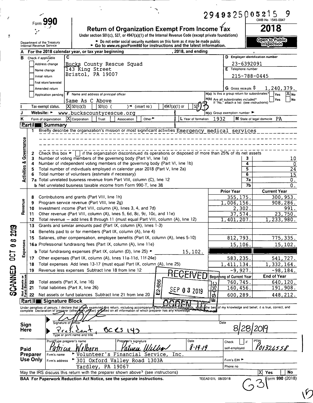 Image of first page of 2018 Form 990 for Bucks County Rescue Squad