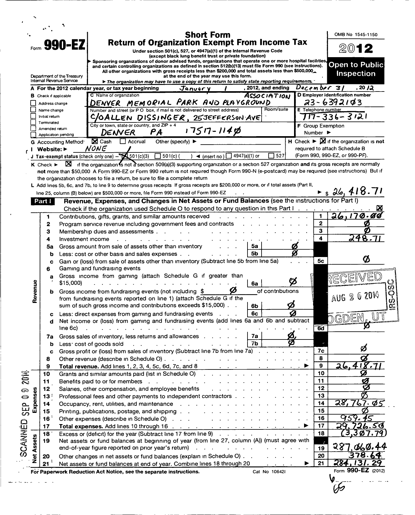 Image of first page of 2012 Form 990EZ for Denver Memorial Park and Playground Association