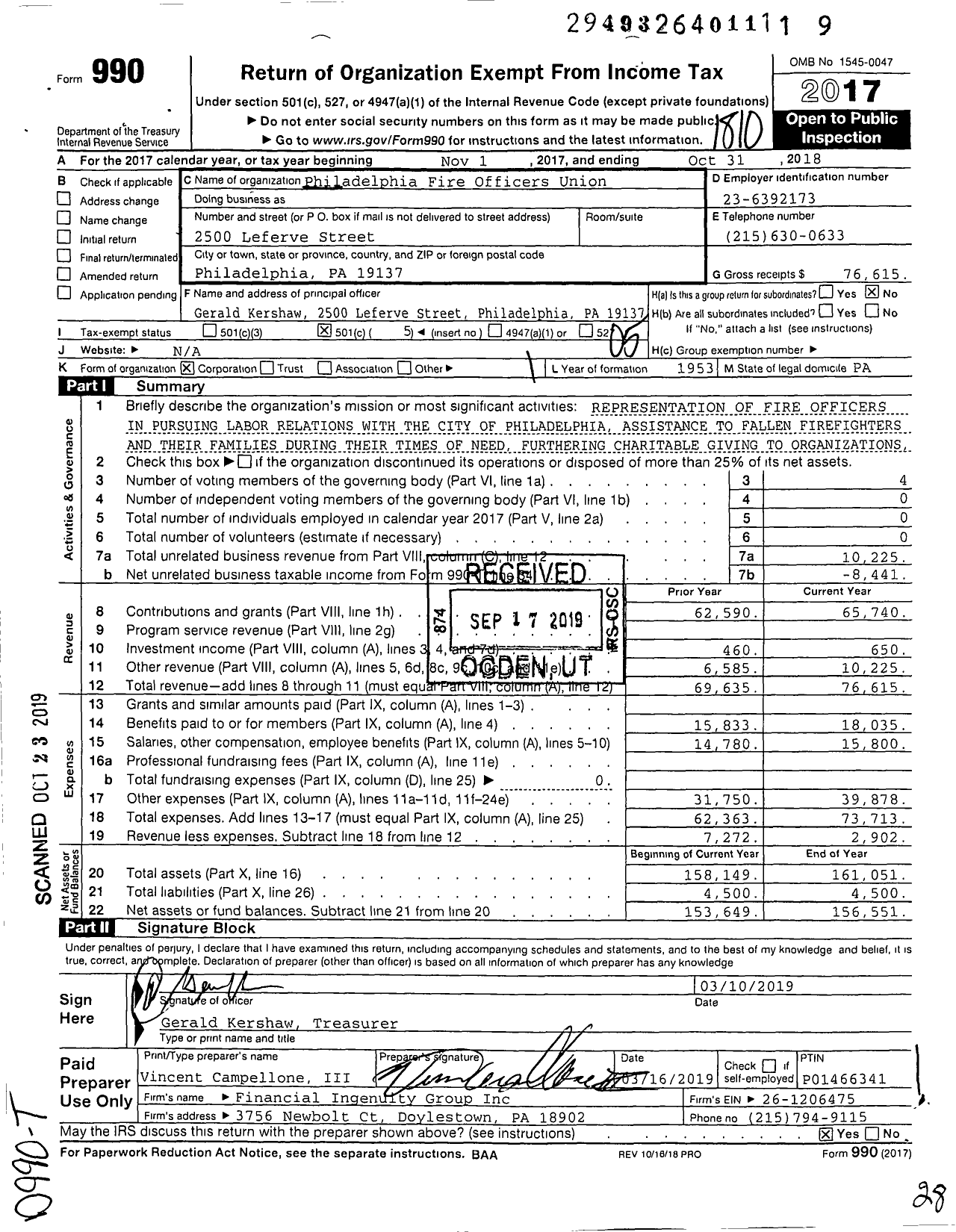 Image of first page of 2017 Form 990O for Philadelphia Fire Officers Union