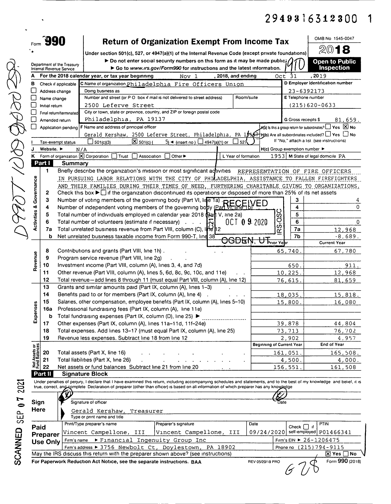 Image of first page of 2018 Form 990O for Philadelphia Fire Officers Union