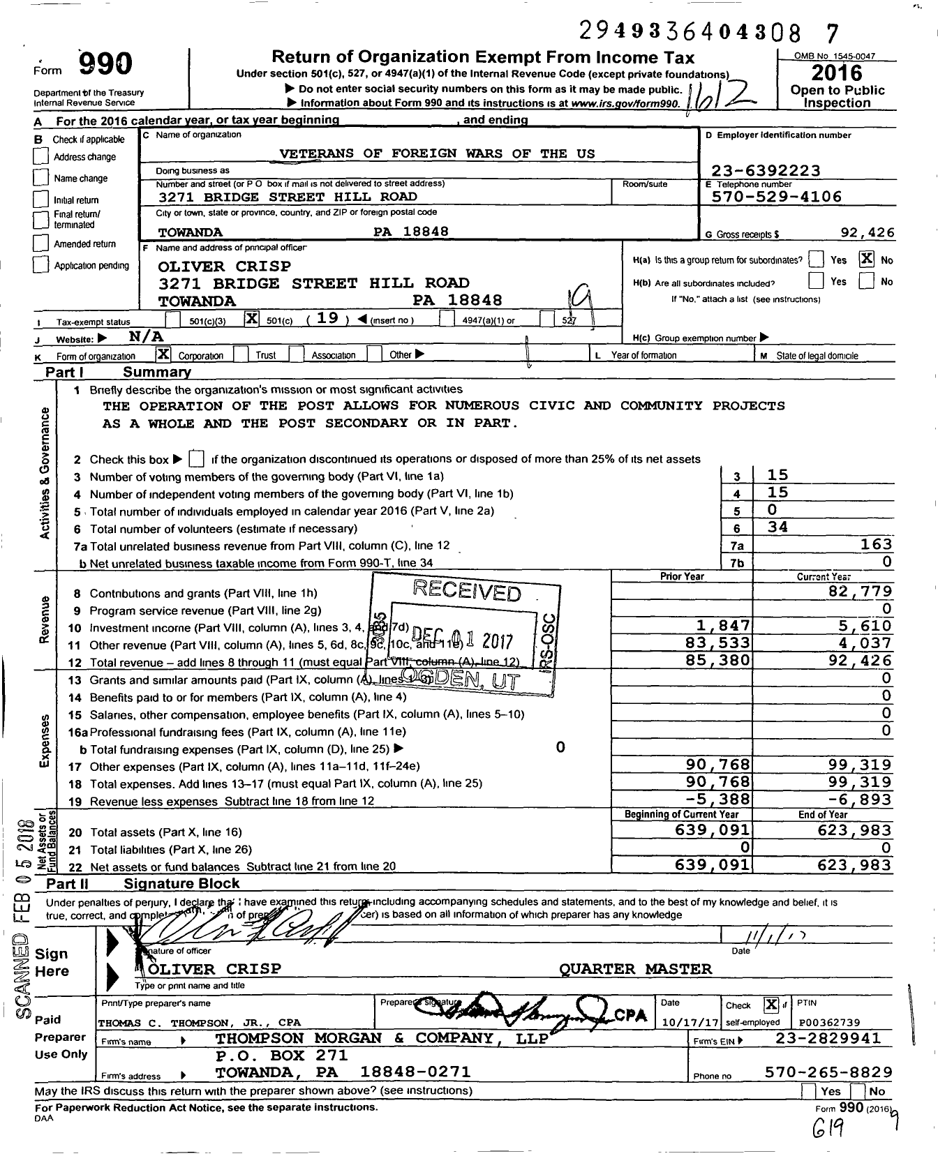 Image of first page of 2016 Form 990O for VFW Department of Pennsylvania - 1568 Beirne Webster VFW