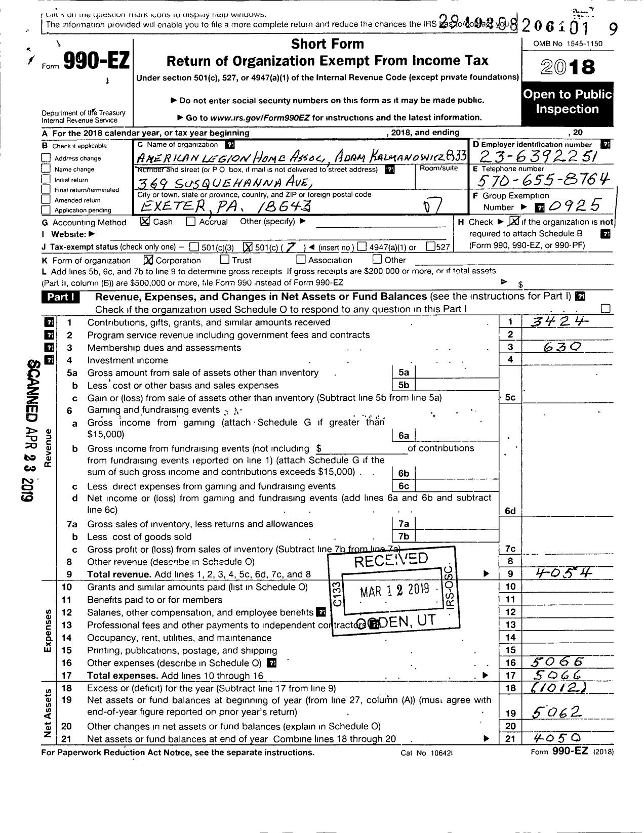 Image of first page of 2018 Form 990EO for American Legion / 0833 Adam Kalmanowicz