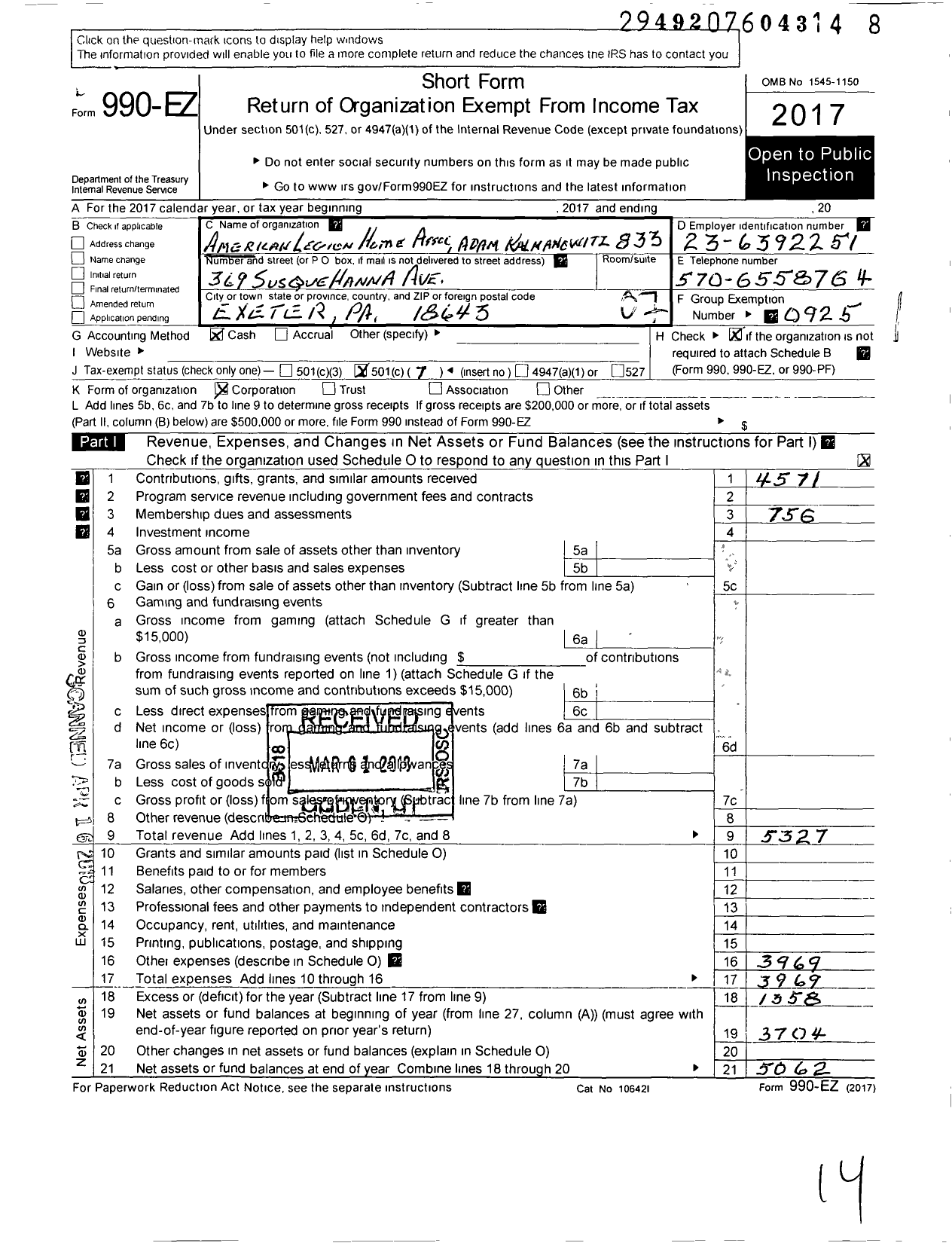 Image of first page of 2017 Form 990EO for American Legion / 0833 Adam Kalmanowicz