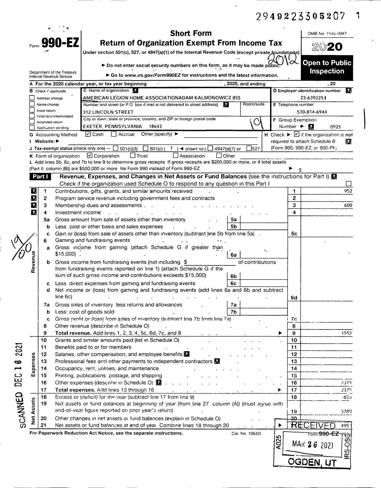 Image of first page of 2020 Form 990EO for American Legion / 0833 Adam Kalmanowicz