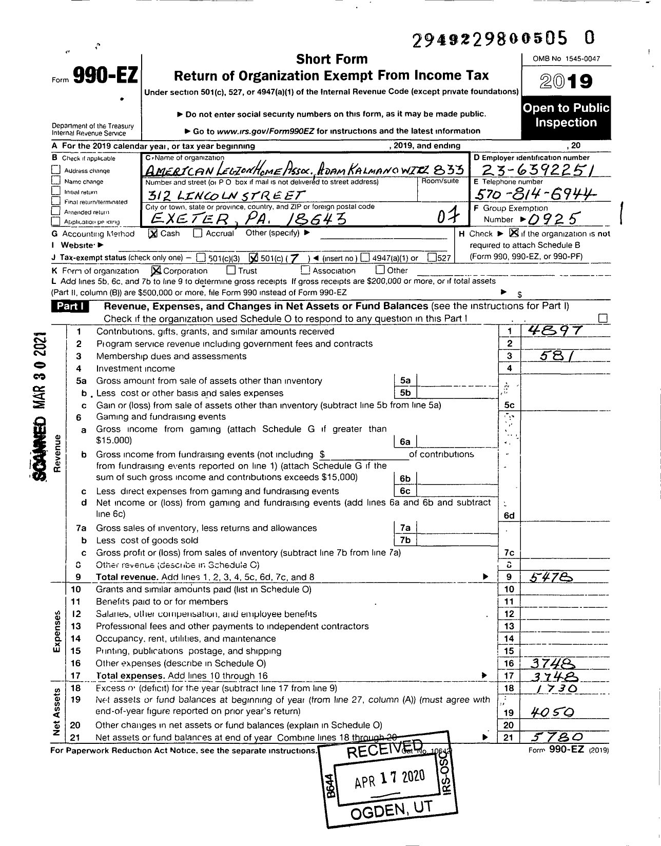 Image of first page of 2019 Form 990EO for American Legion / 0833 Adam Kalmanowicz