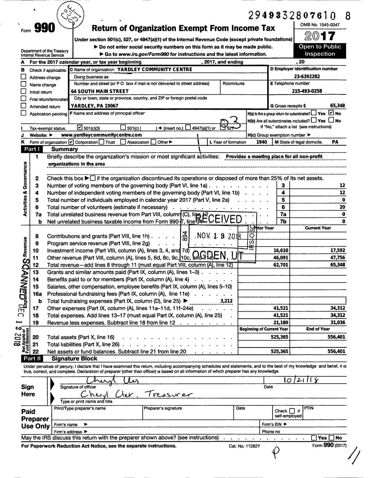 Image of first page of 2017 Form 990 for Yardley Community Centre