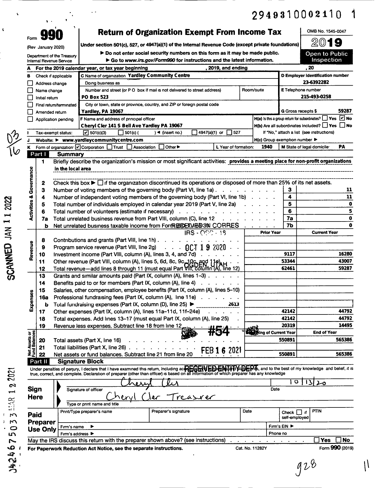 Image of first page of 2019 Form 990 for Yardley Community Centre