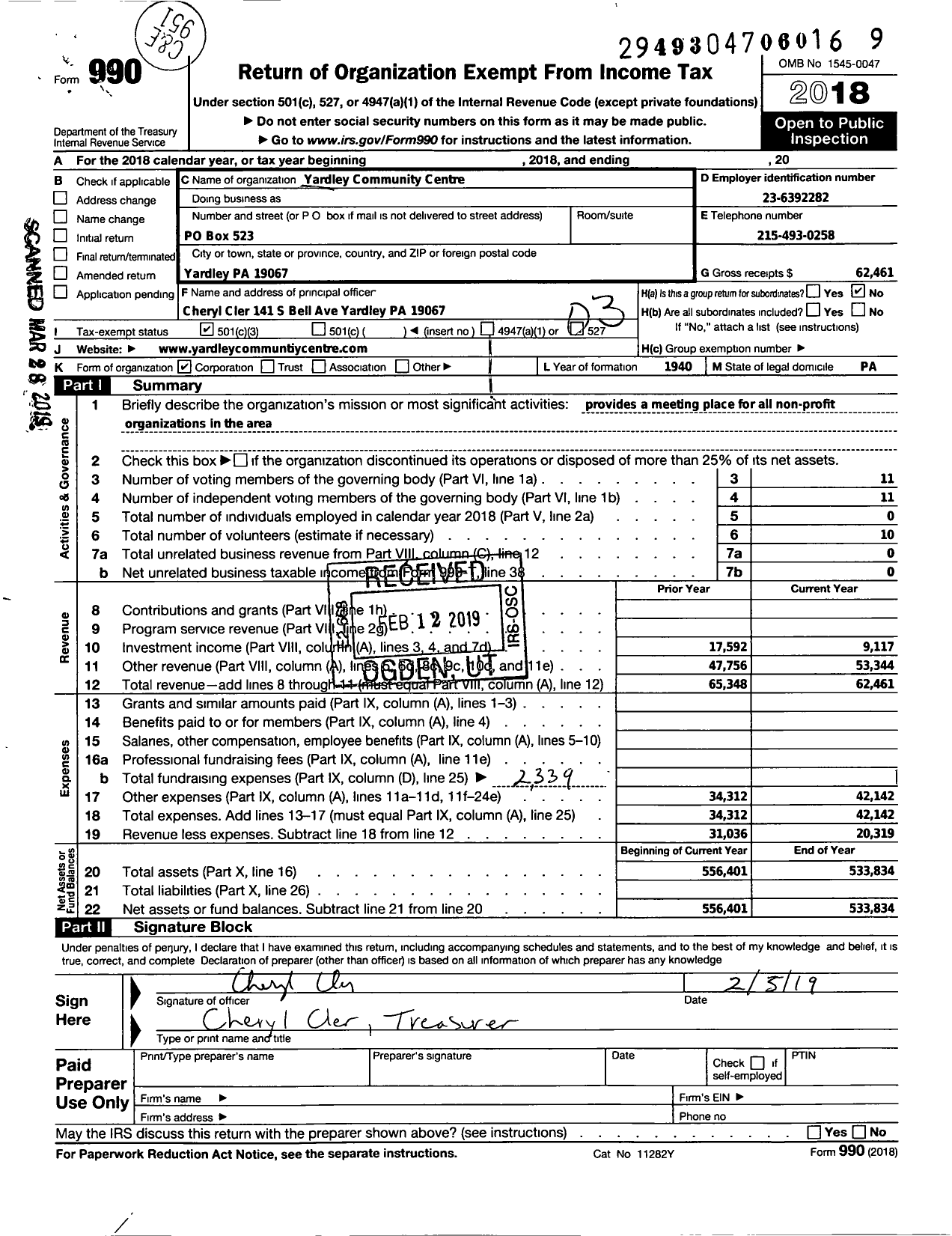 Image of first page of 2018 Form 990 for Yardley Community Centre