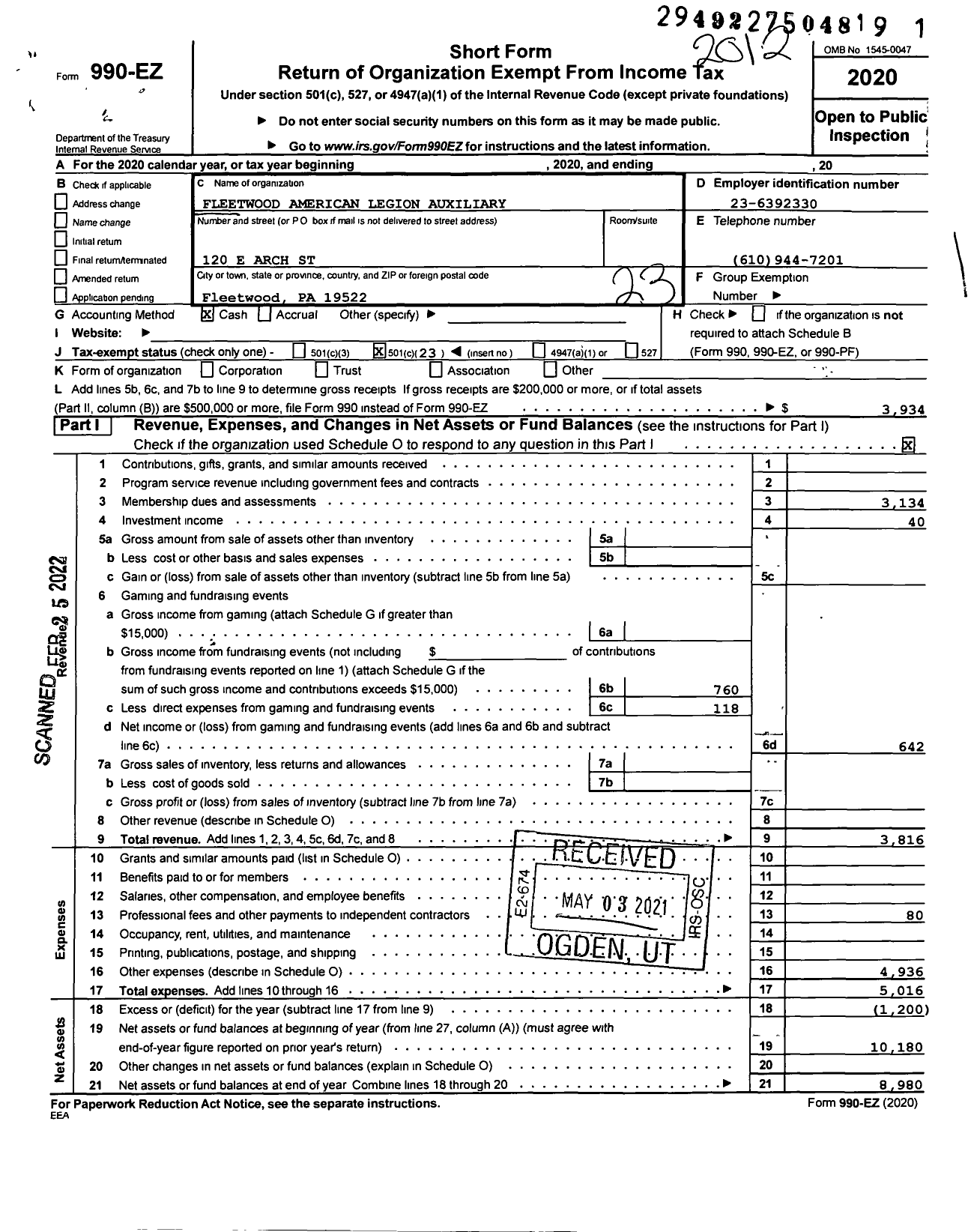 Image of first page of 2020 Form 990EO for American Legion Auxiliary - 625 Horace M Kieffer