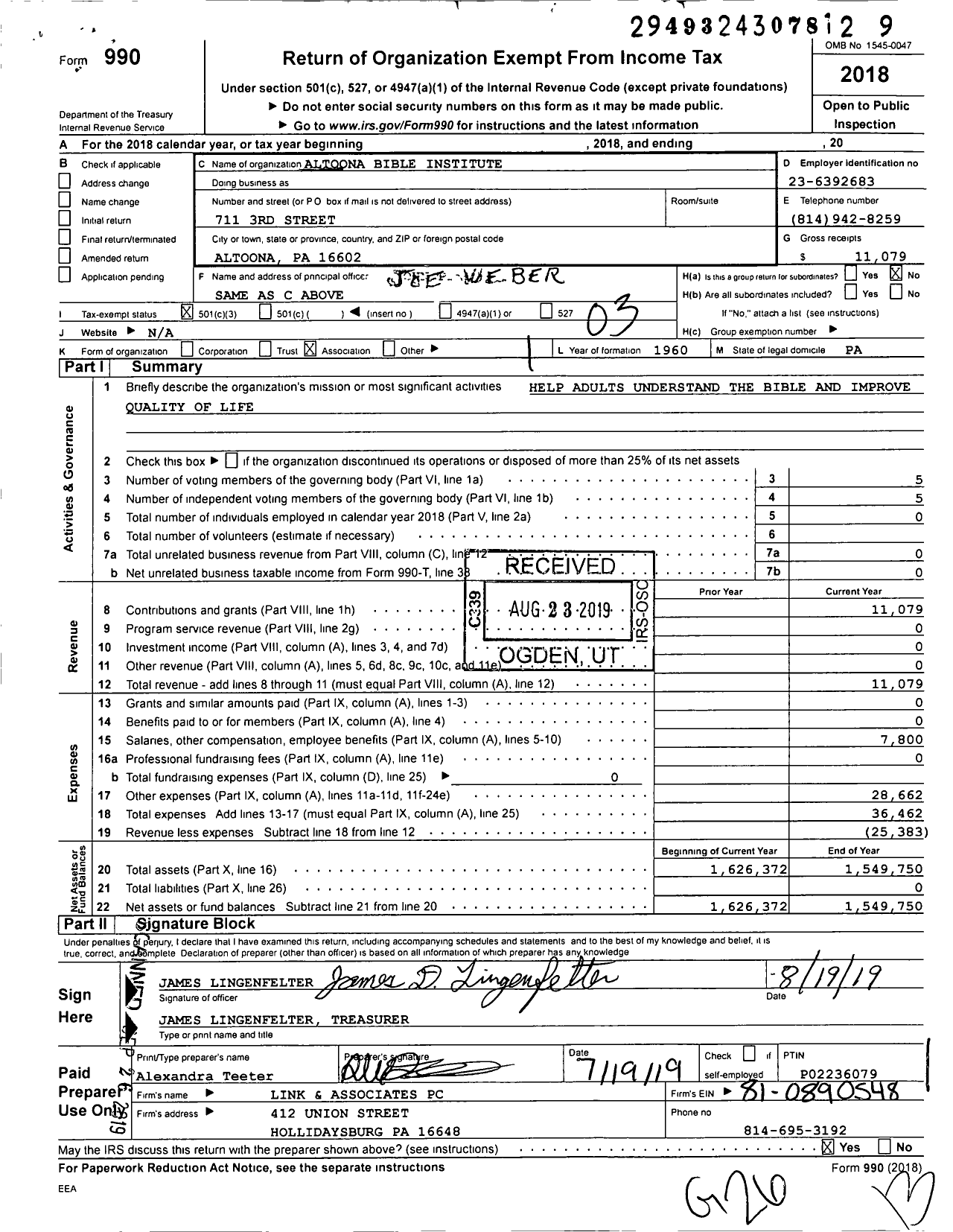 Image of first page of 2018 Form 990 for Altoona Bible Institute