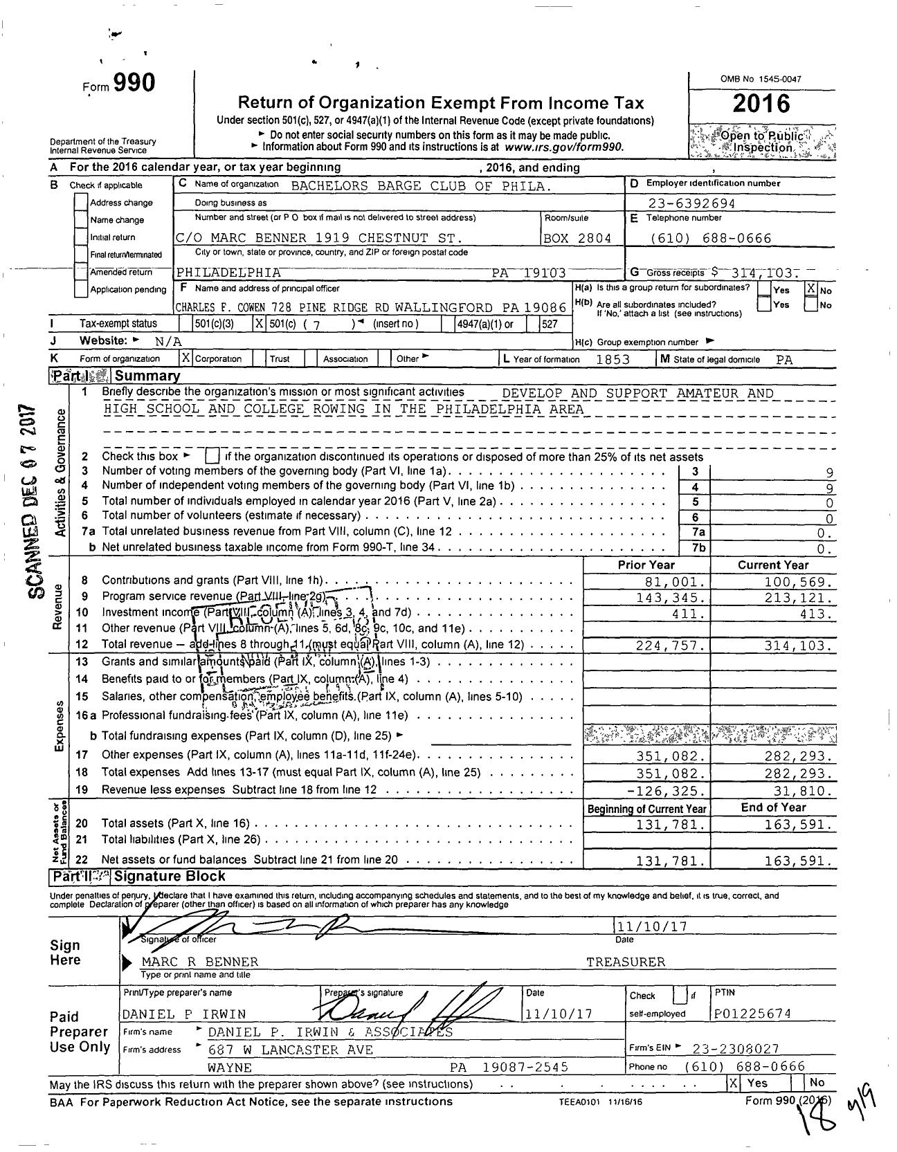 Image of first page of 2016 Form 990O for Bachelors Barge Club of Philadelphia