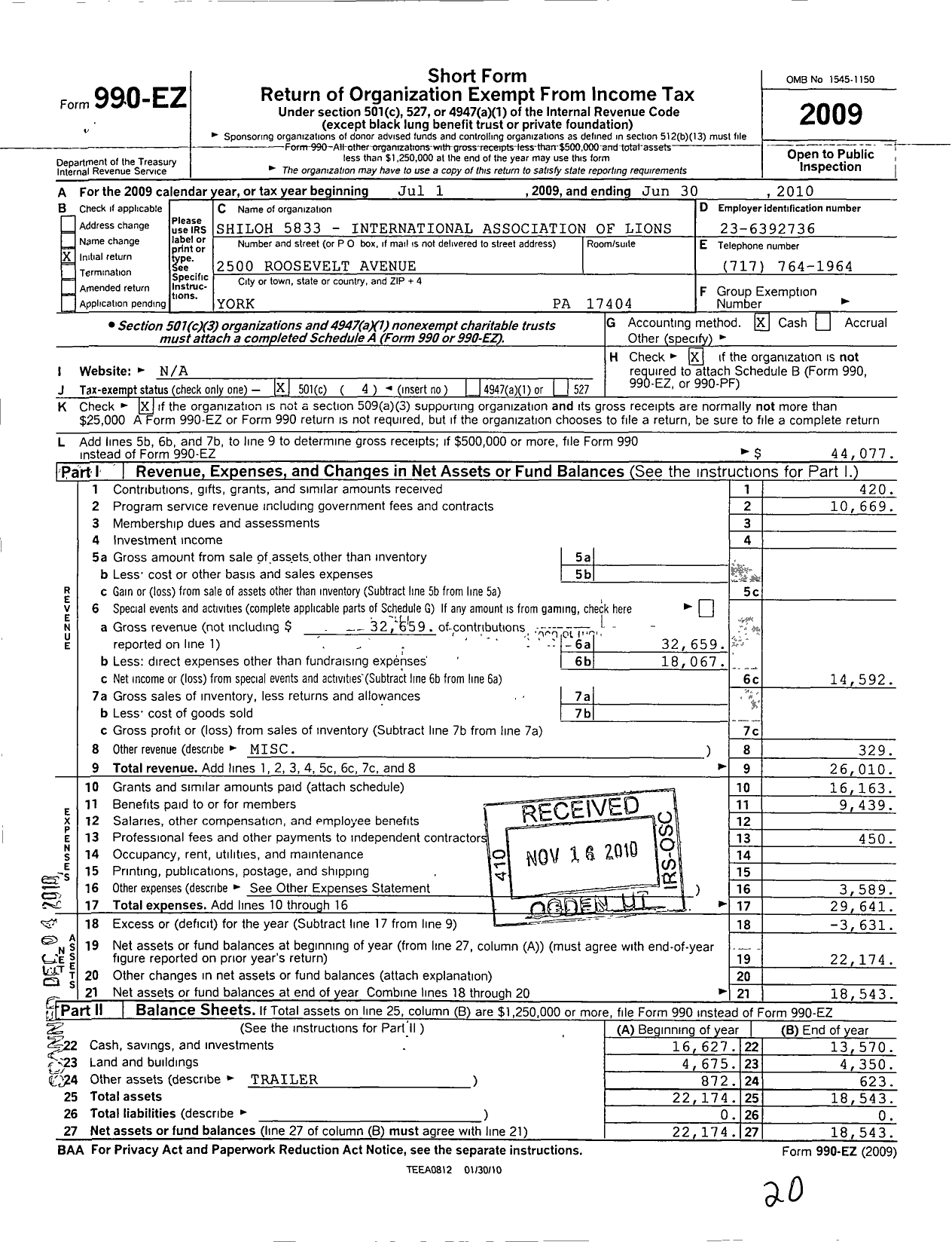 Image of first page of 2009 Form 990EO for Lions Clubs - 5833 Shiloh