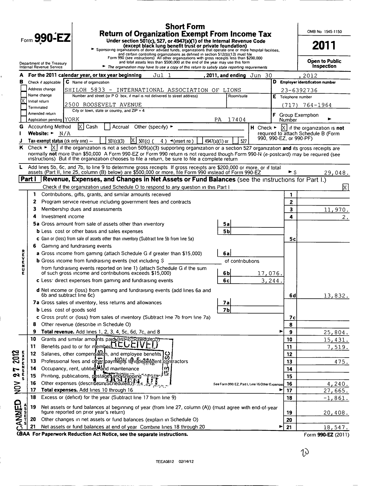 Image of first page of 2011 Form 990EO for Lions Clubs - 5833 Shiloh