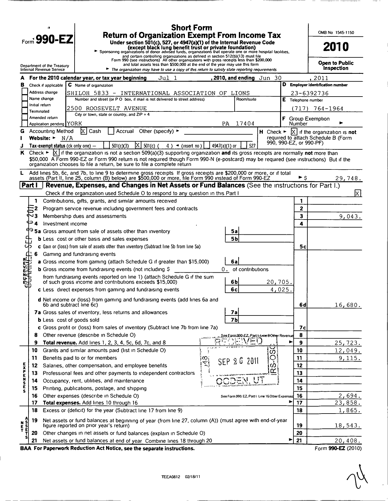 Image of first page of 2010 Form 990EO for Lions Clubs - 5833 Shiloh