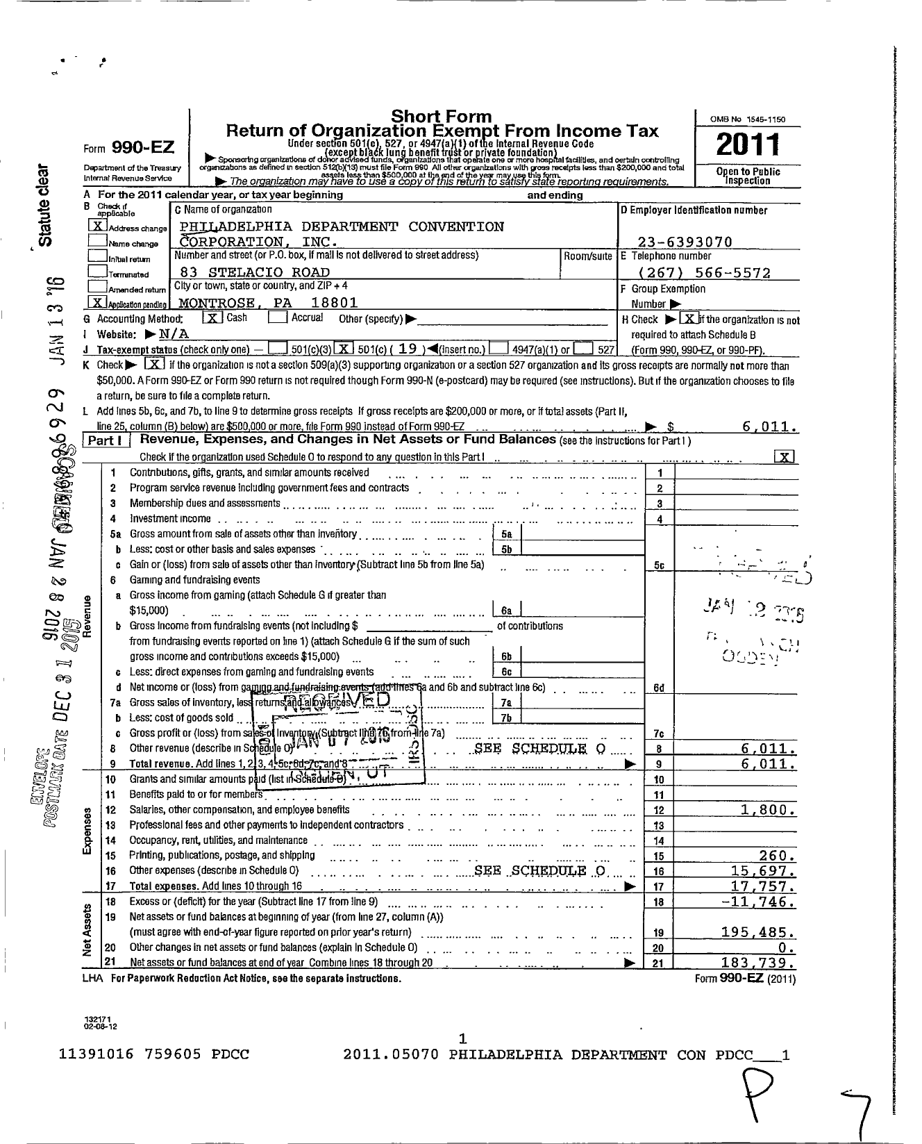 Image of first page of 2011 Form 990EO for Philadelphia Department Convention Corporation