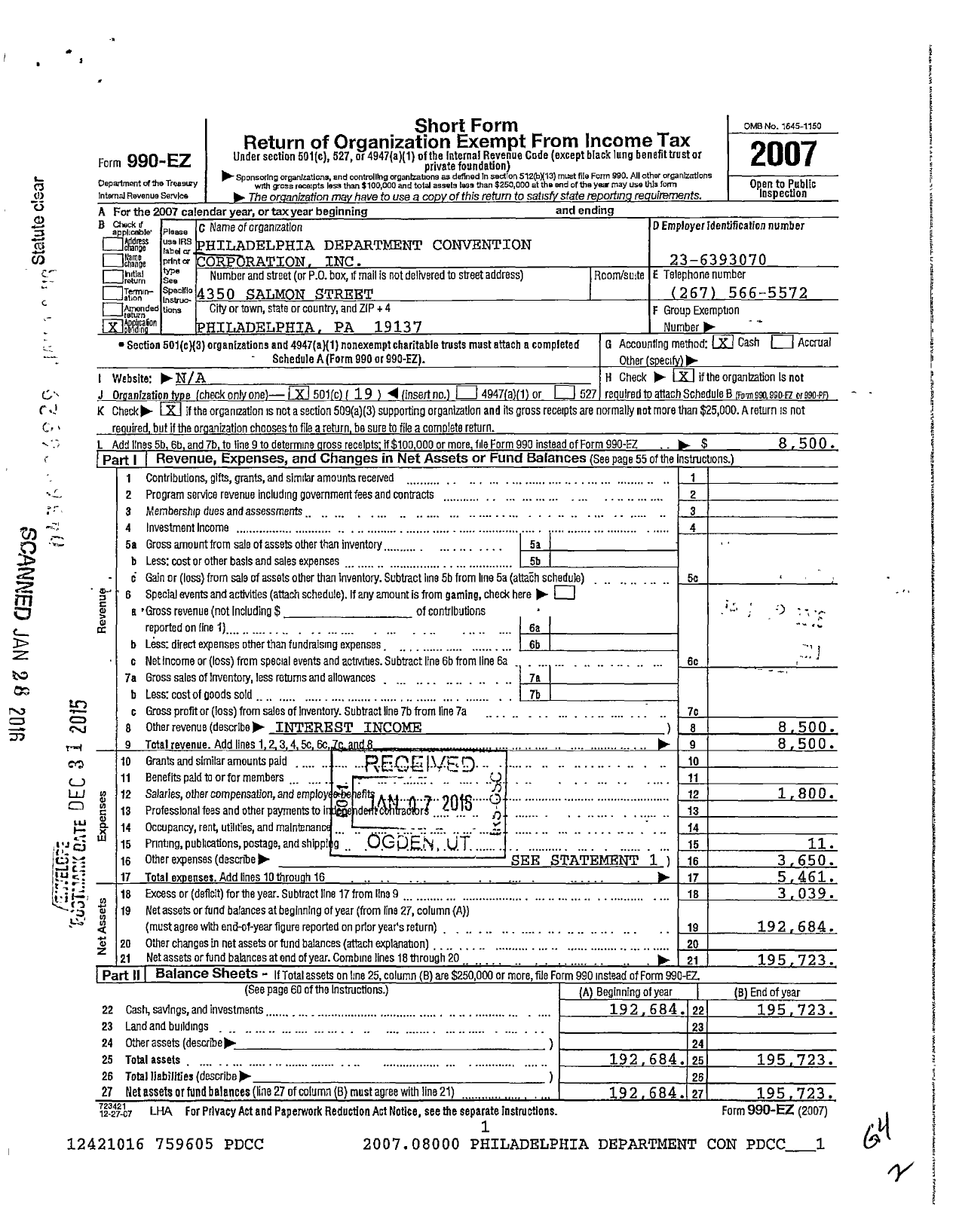 Image of first page of 2007 Form 990EO for Philadelphia Department Convention Corporation