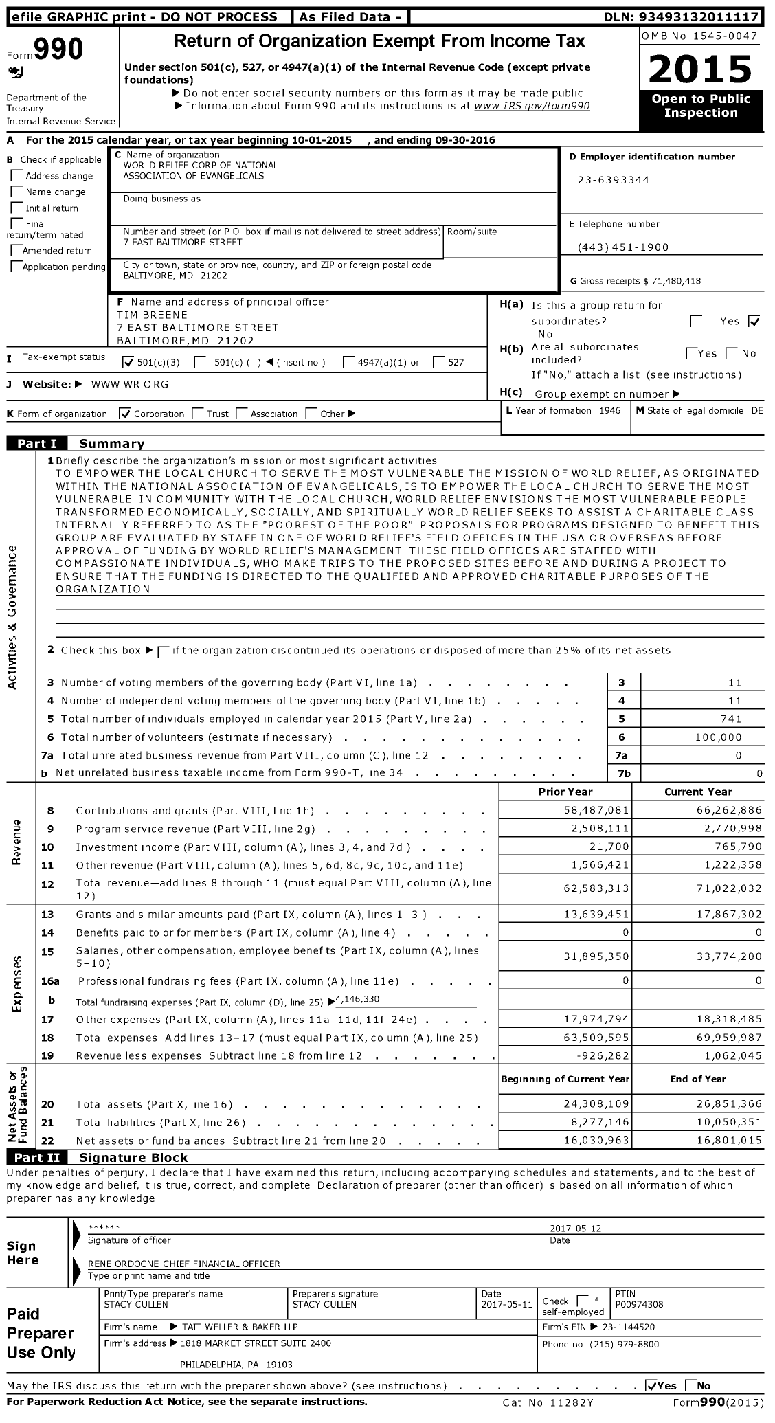 Image of first page of 2015 Form 990 for World Relief Corp of National Association of Evangelicals