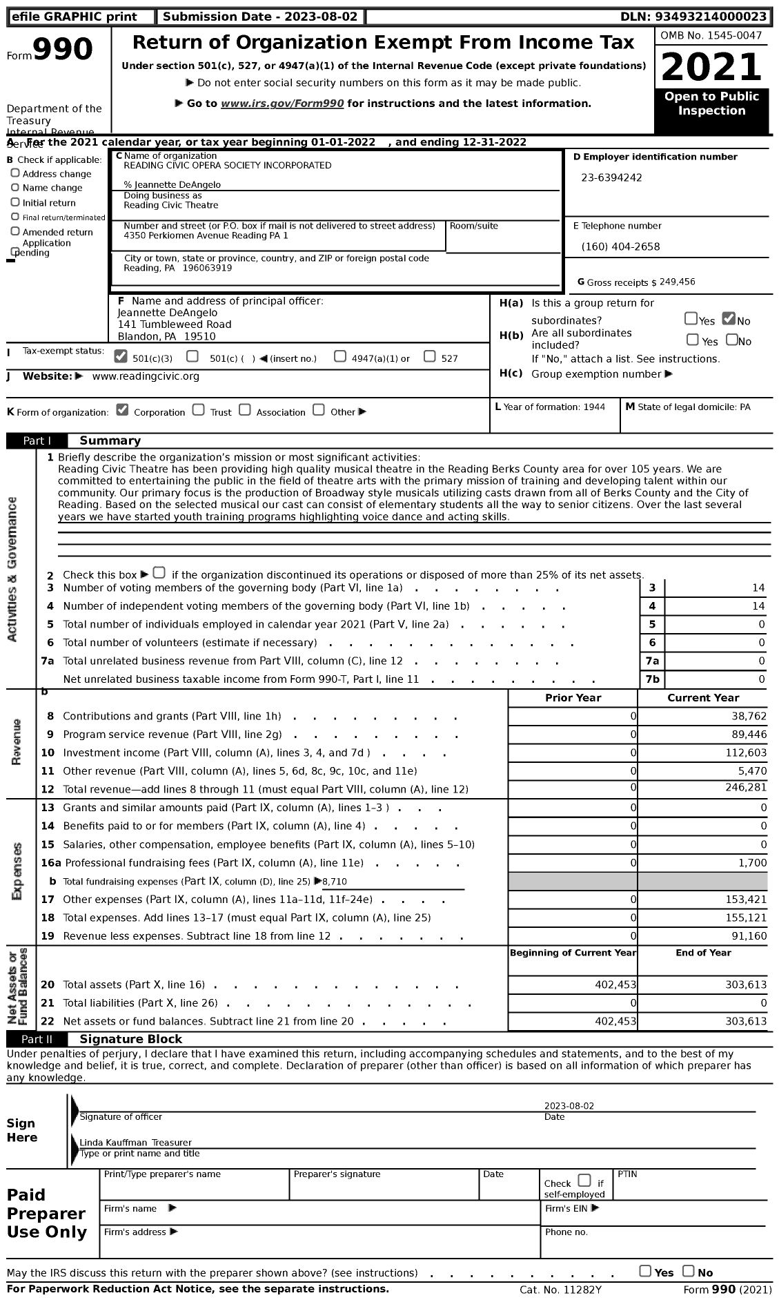 Image of first page of 2022 Form 990 for Reading Civic Theatre