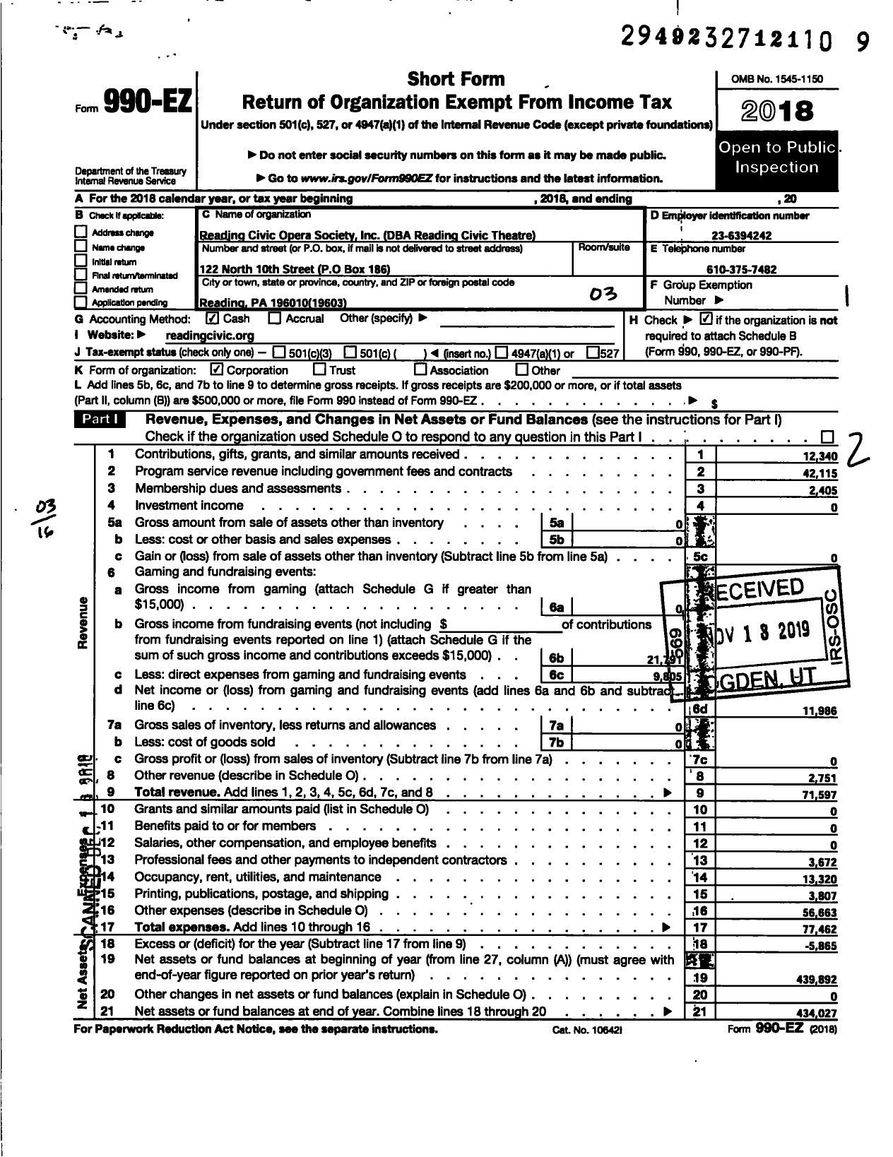 Image of first page of 2018 Form 990EZ for Reading Civic Theatre