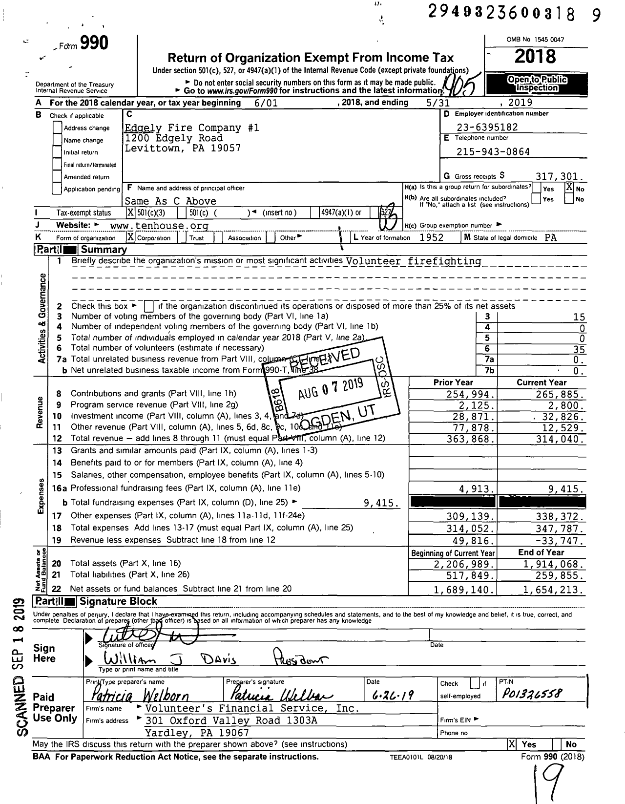 Image of first page of 2018 Form 990 for Edgely Fire Company No 1